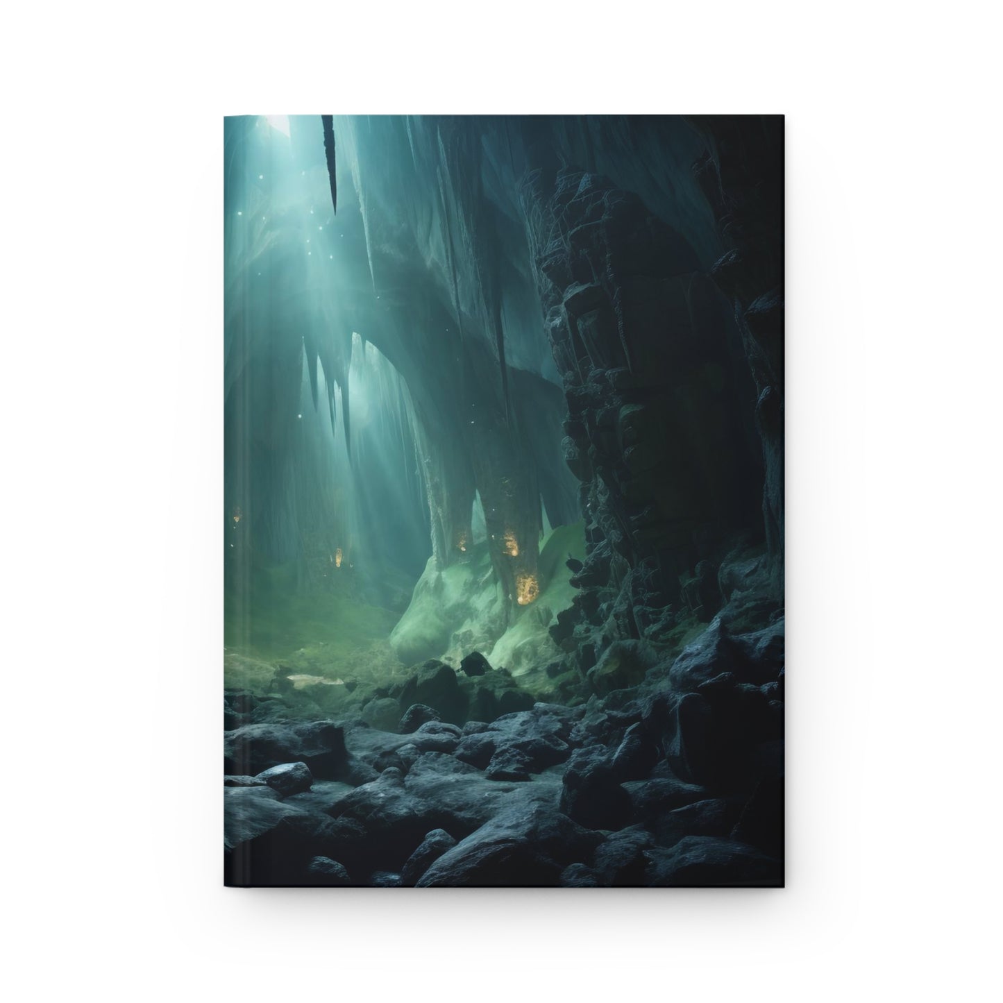 A deep cave interior, lit by a constellation of glow worms, casting an otherworldly light onto the rock formations, cave photography - Hardcover Journal Matte