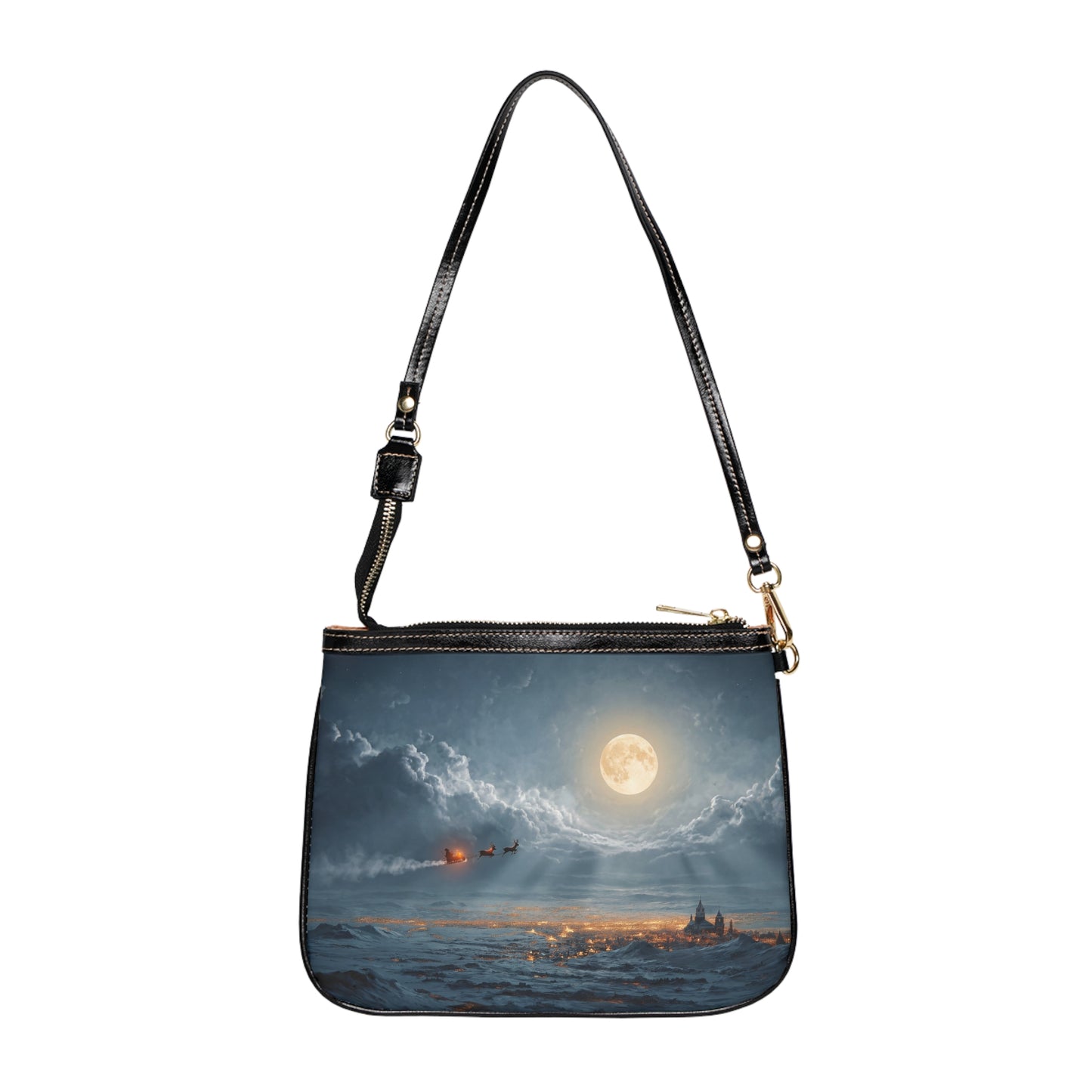Midnight Sleigh Ride Small Shoulder Bag – Frost-Clad City Beneath a Full Moon