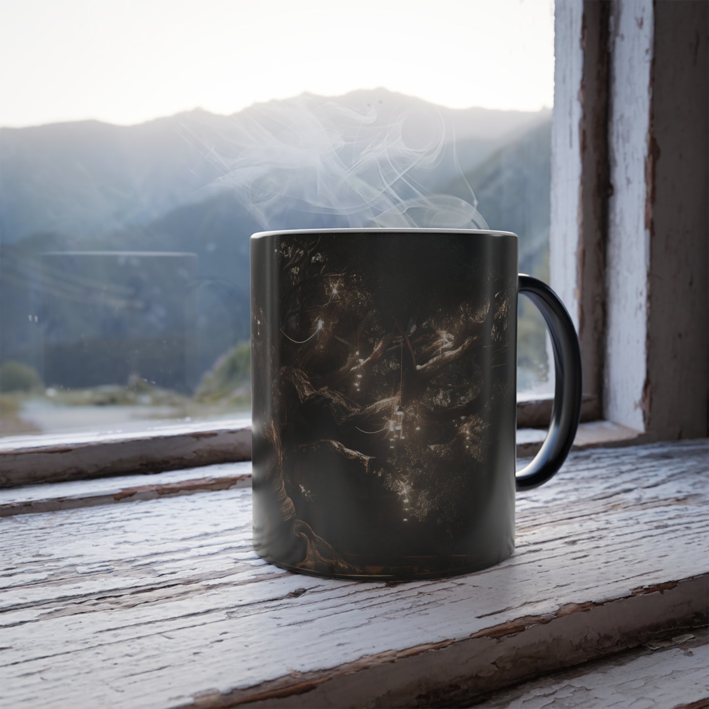 huge and ancient bonsai oak tree wrapped in string lights, dim lighting, super detailed, branches reaching out,  - Color Morphing Mug, 11oz