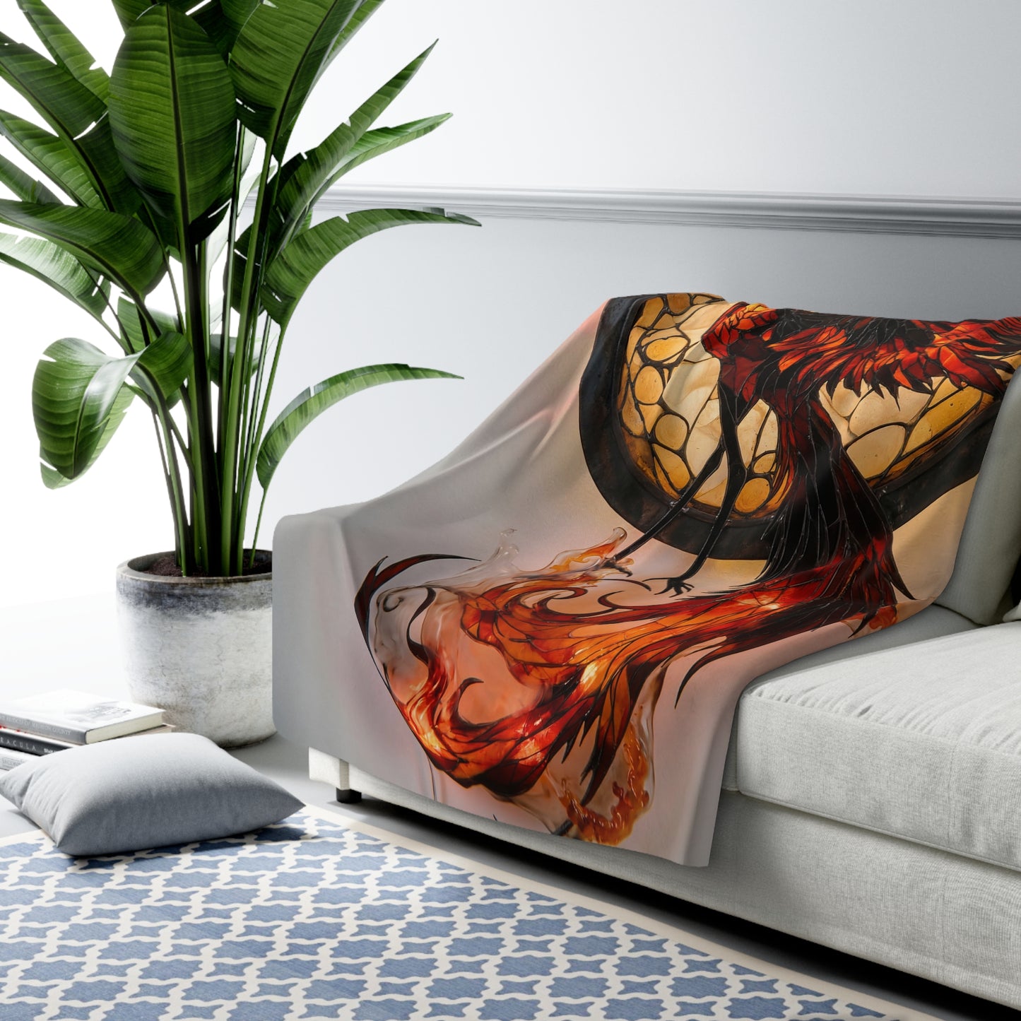 Stained Glass Phoenix Sherpa Fleece Blanket – Embered Talon Dreamscape