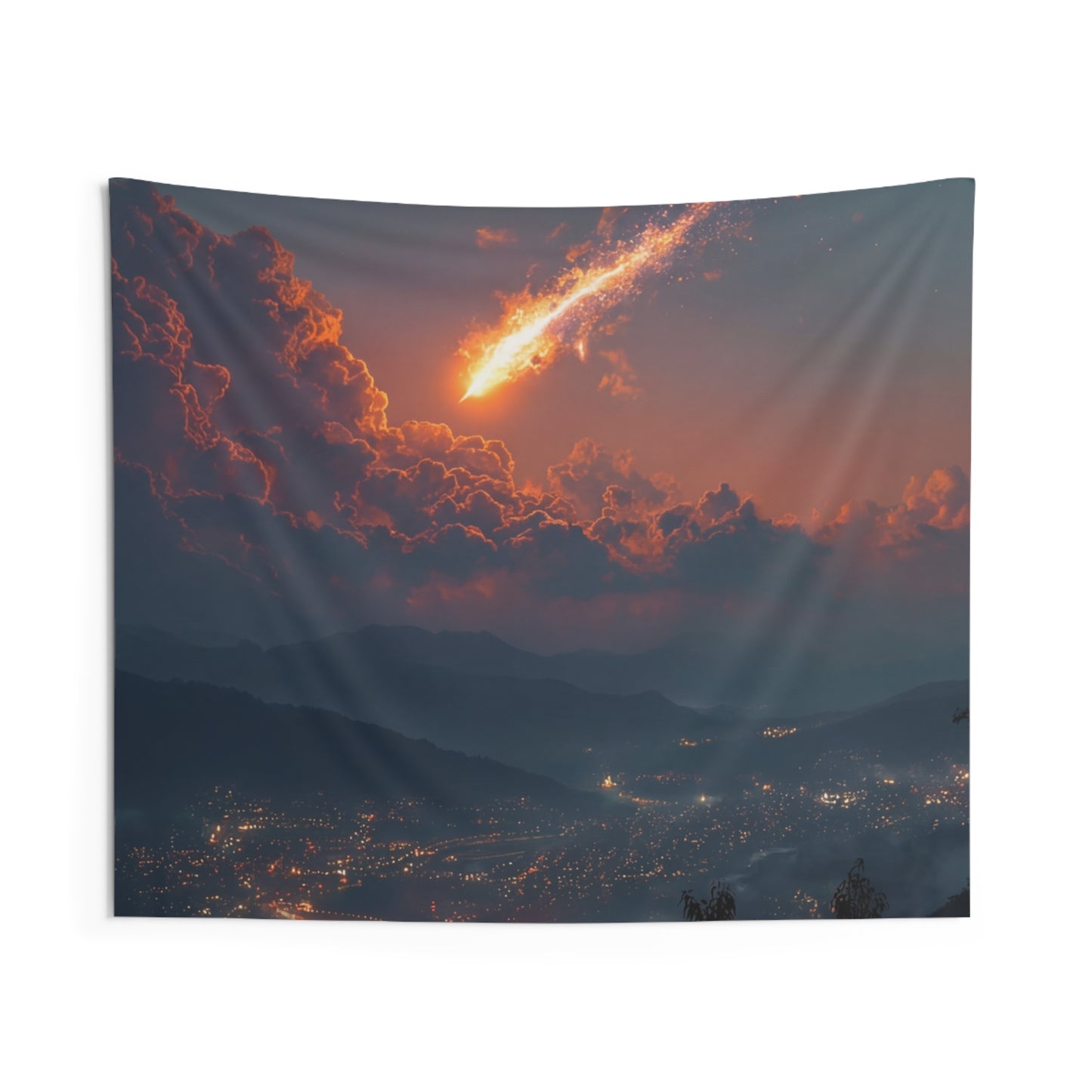 Celestial Fireball Indoor Wall Tapestries – Skyfall Over Mountain Vale