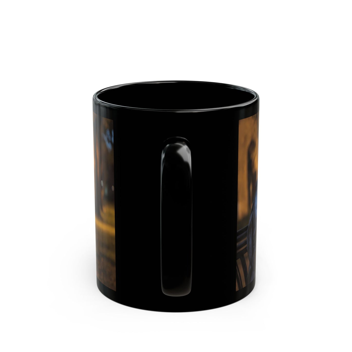 Bronze Statue with Smartphone Mug – Twilight Park Bench Digital Muse