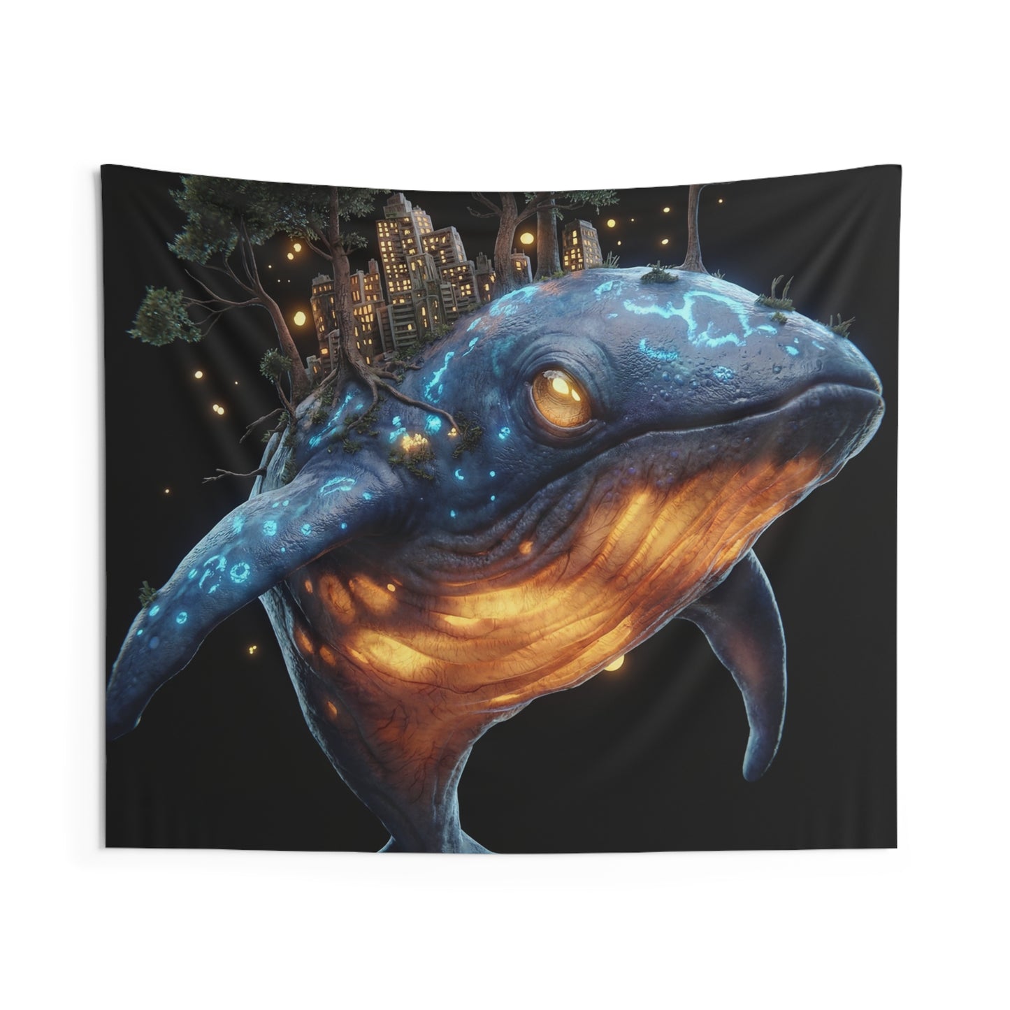 Whalesong Cityscape Indoor Wall Tapestries – Bioluminescent Ocean Guardian