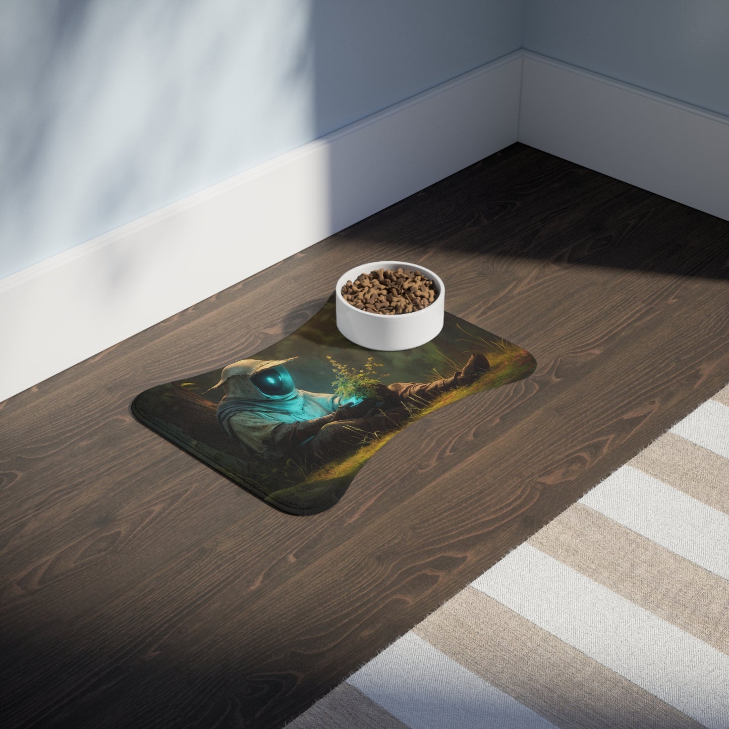 Forest Sentinel Pet Feeding Mats – Azure Glow Guardian in Mossy Grove