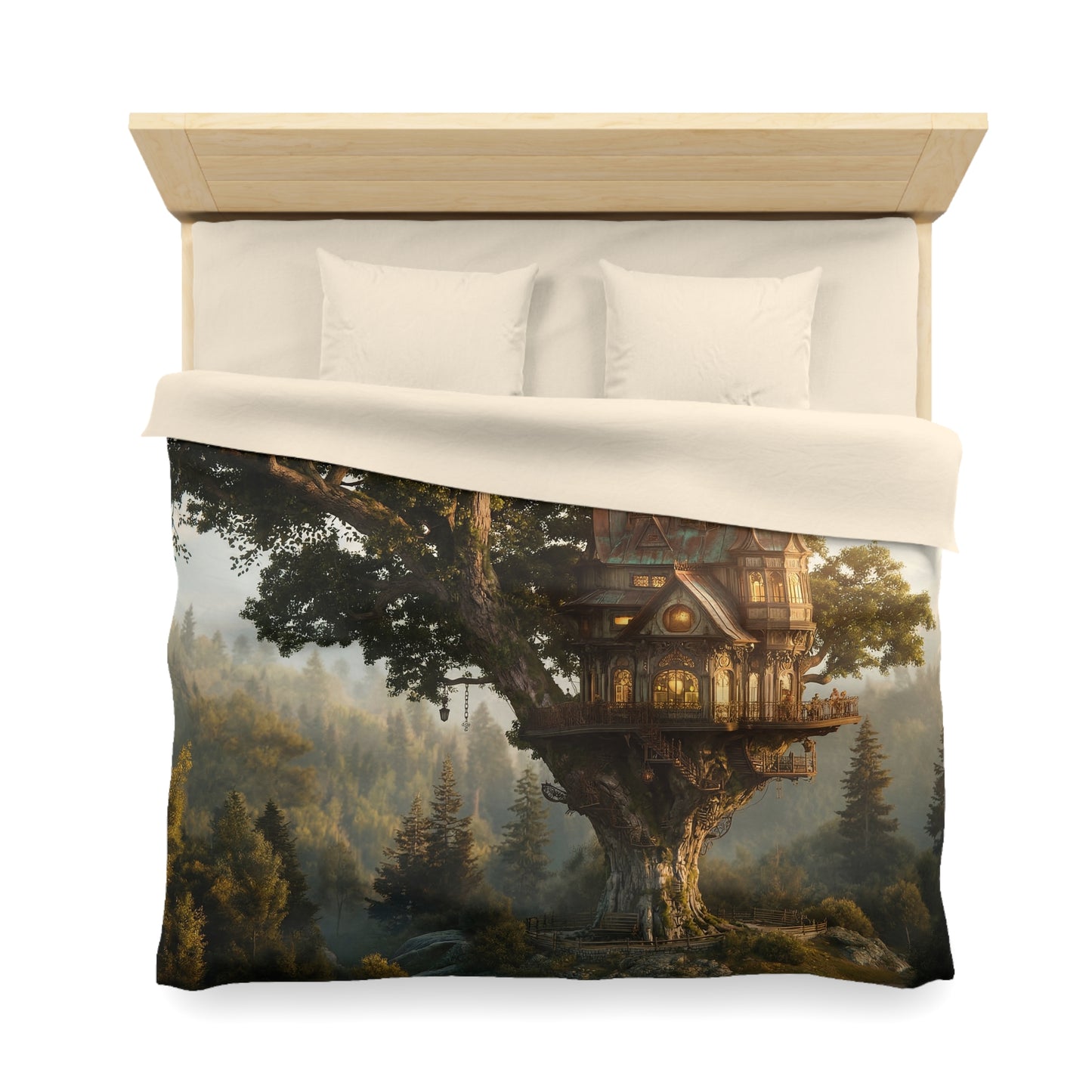 Treehouse Sentinel Microfiber Duvet Cover – Golden Hour Sanctuary in the Canopy