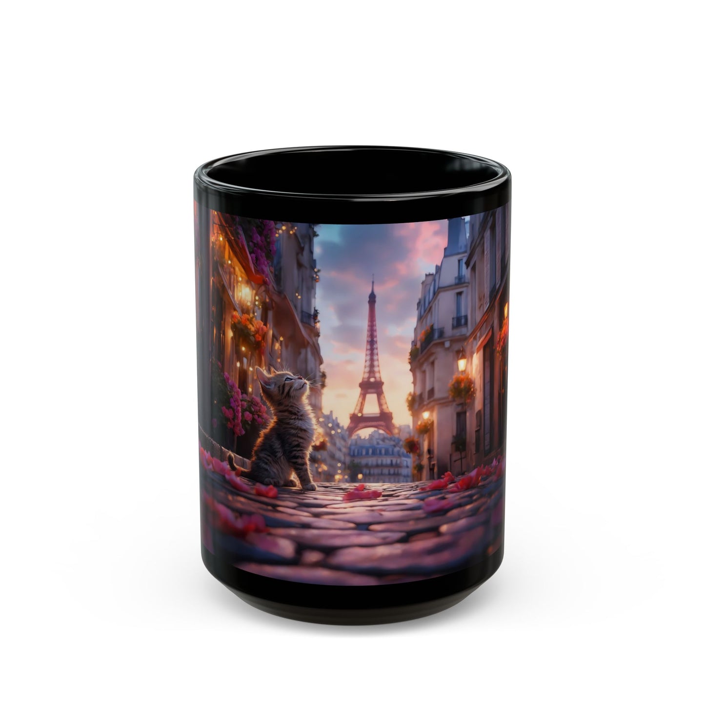 Parisian Cat Street Mug – Sunset Eiffel Tower Whisker-Wish
