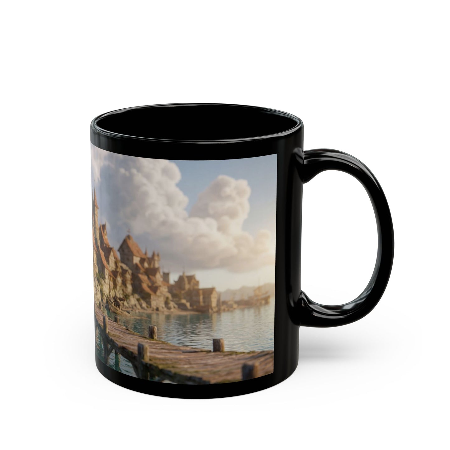Harbor’s Whisper Black Mug – Sunset Coastline Village Dreamscape