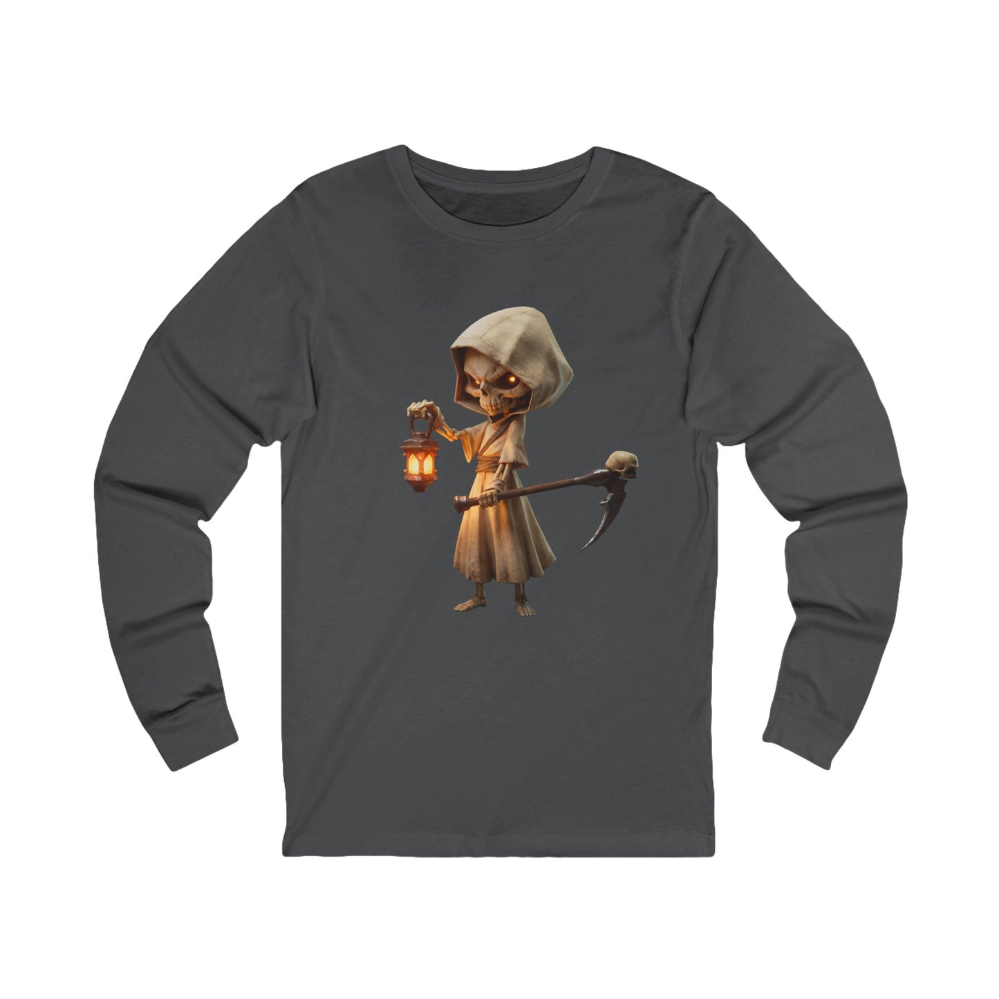 Lantern-Bearing Skeleton Guardian – Hooded Reaper Unisex Jersey Long Sleeve Tee