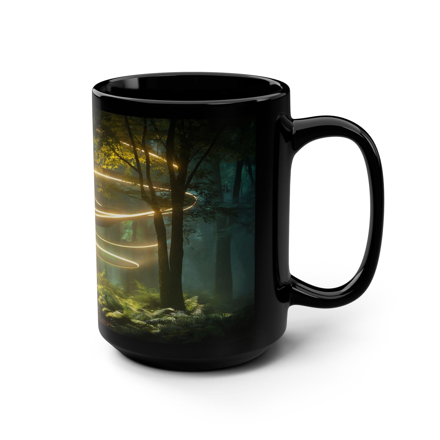 Golden Spiral Forest Black Mug, 15oz – Luminescent Light Rings on Mossy Path