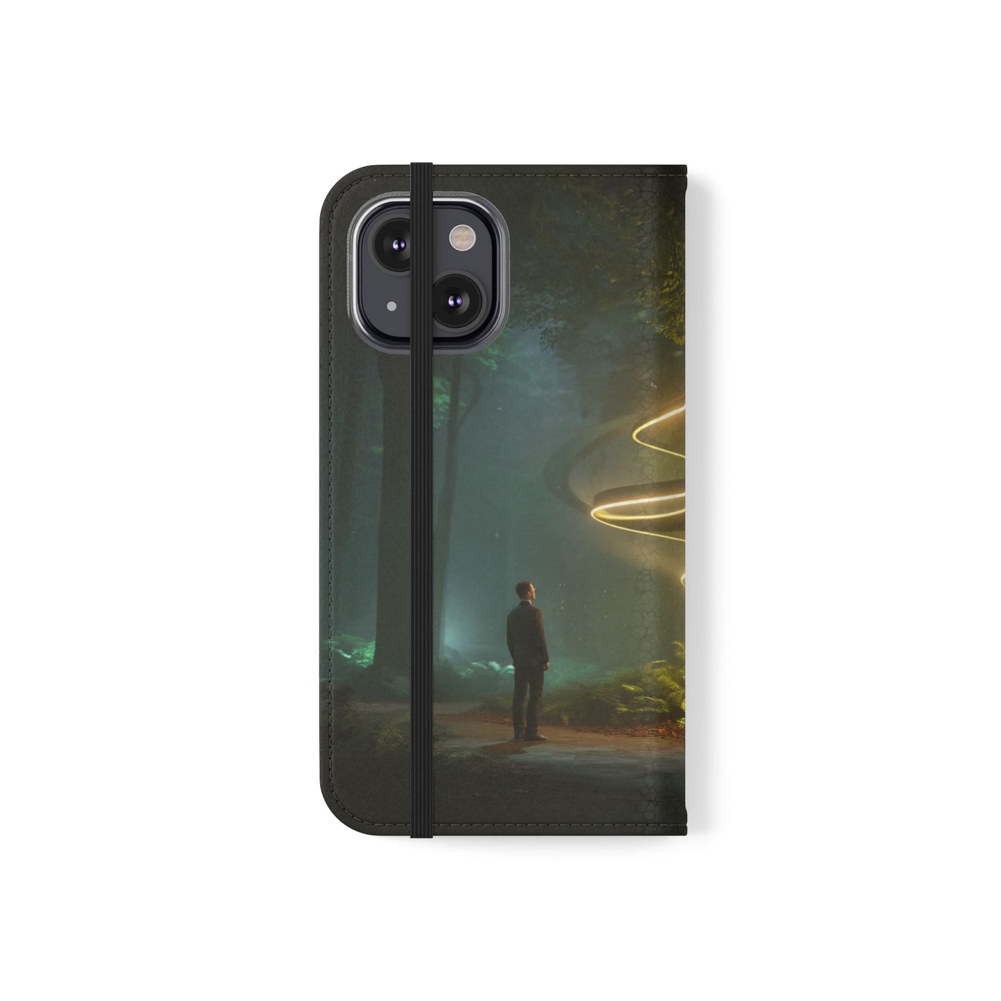 Luminous Spiral Forest Flip Cases – Golden Light Rings Mystery Scene