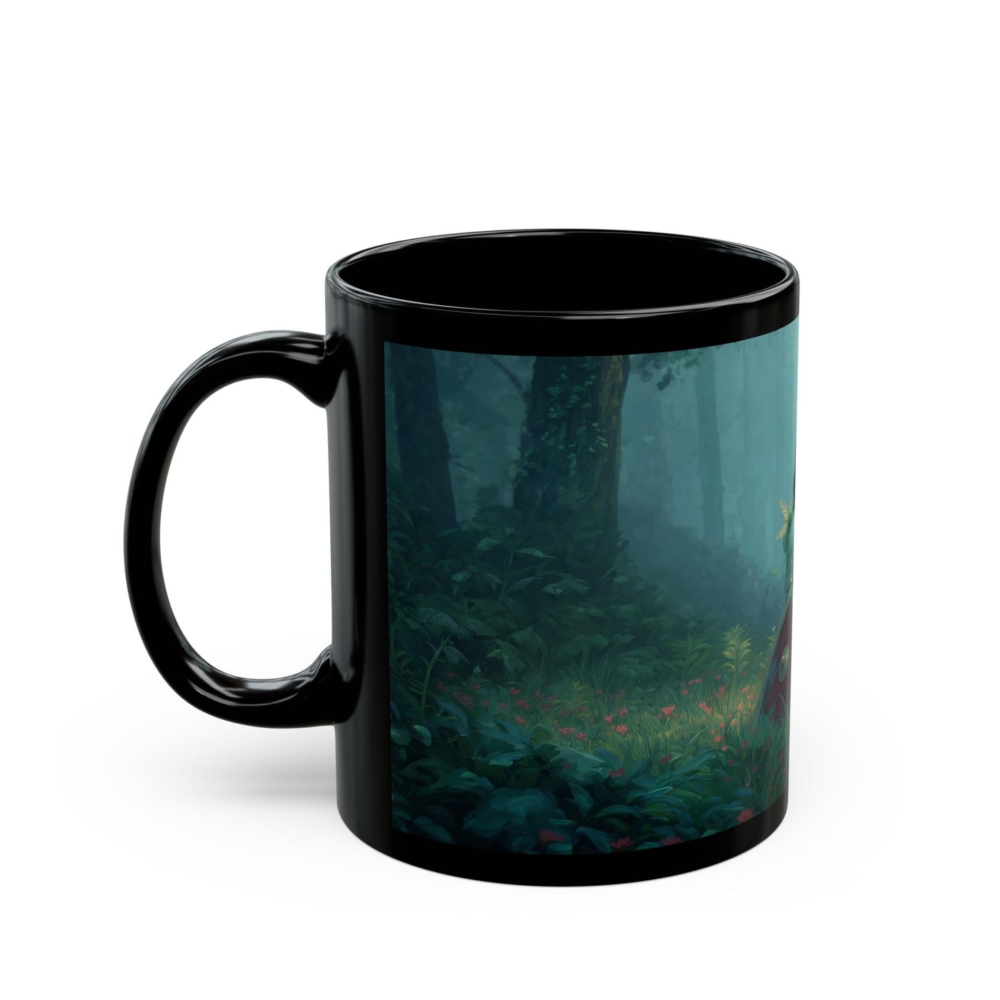 Forest Sentinel Black Mug – Misty Grove Guardian Dreamscape
