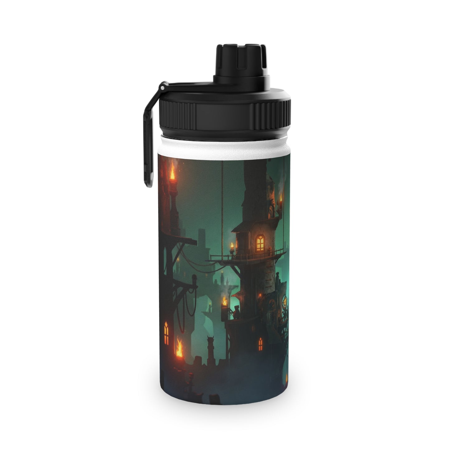 Floating City at Dusk Stainless Steel Water Bottle, Sports Lid – Amber Lights in the Mist