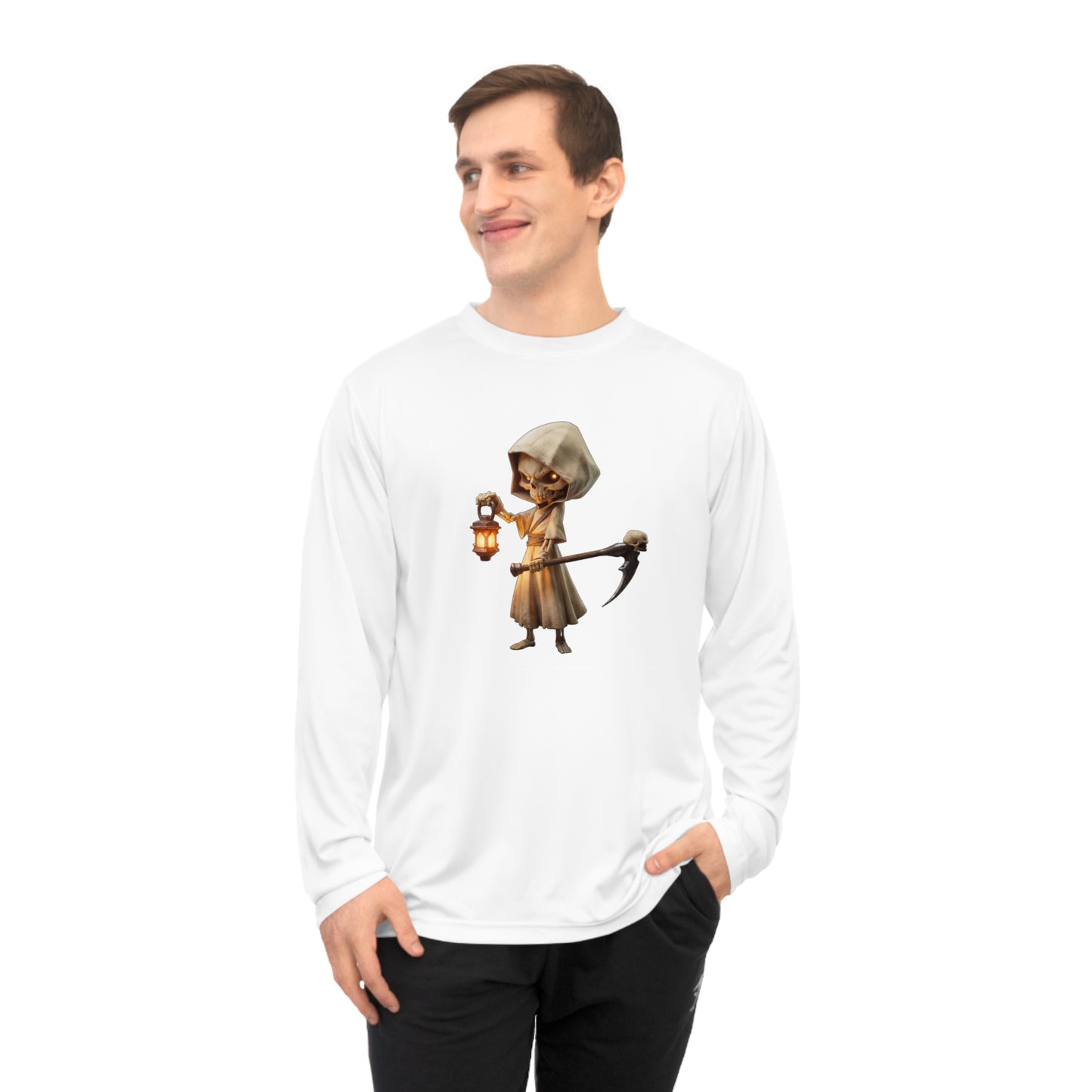 Lantern-Bearing Sentinel Unisex Performance Long Sleeve Shirt – Hooded Skeleton with Scythe and Warm Glow