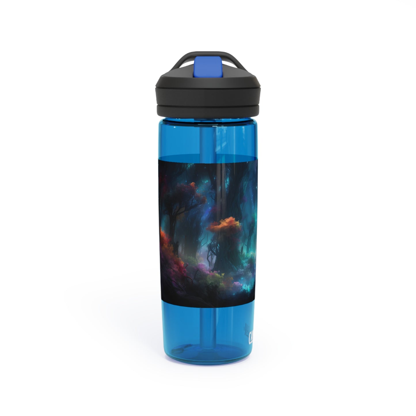 Panoramic digital art of an alien planet's mesmerizing bioluminescent forest, the towering trees adorned with glowing foliage in vivid shades of blue - CamelBak Eddy®  Water Bottle, 20oz\25oz