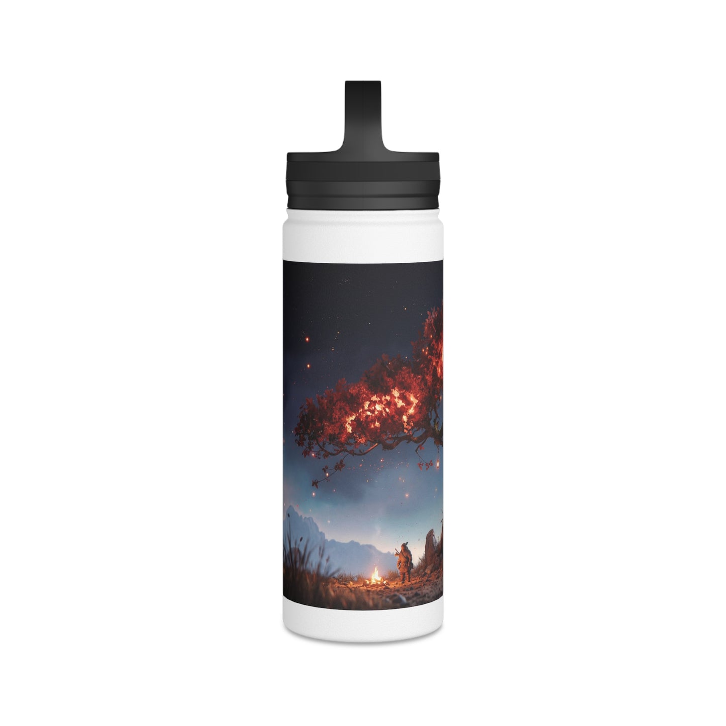Whispering Flame Tree Stainless Steel Water Bottle, Handle Lid – Moonlit Campfire Sanctuary