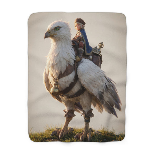 Young Rider on White Hawk Sherpa Fleece Blanket – Sunset Journey Companion