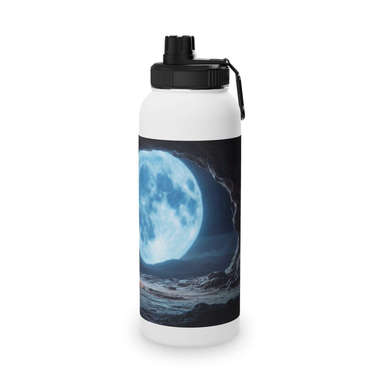 Moonlit Monk Stainless Steel Water Bottle, Sports Lid – Serene Cave Meditation Scene