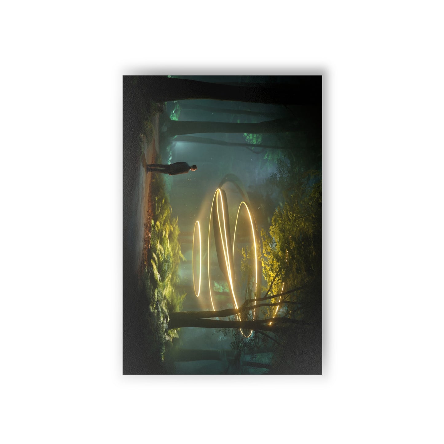 Standing Man Staring at Glowing Rings Postcards (10pcs) – Golden Helix Forest Glimmer