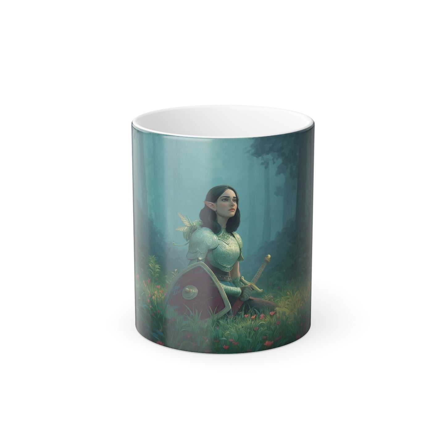 Sentinel Elf Forest Guardian Mug – Emerald Shield & Blossom Meadow