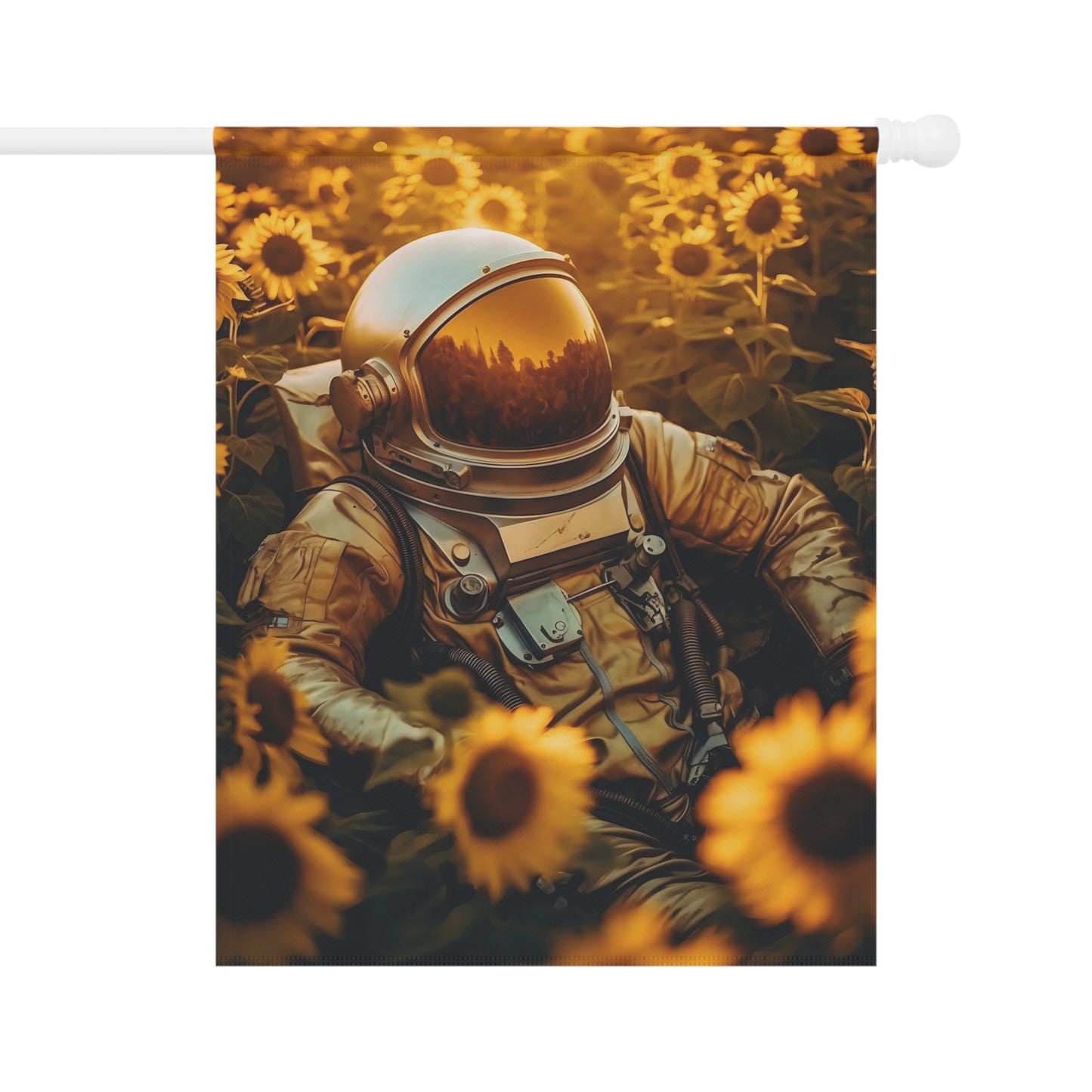 high texture quality photo of biomechanical astronaut lying in a meadow of sunflowers, golden hour, Leica 50mm, f1. 4, night - Garden & House Banner