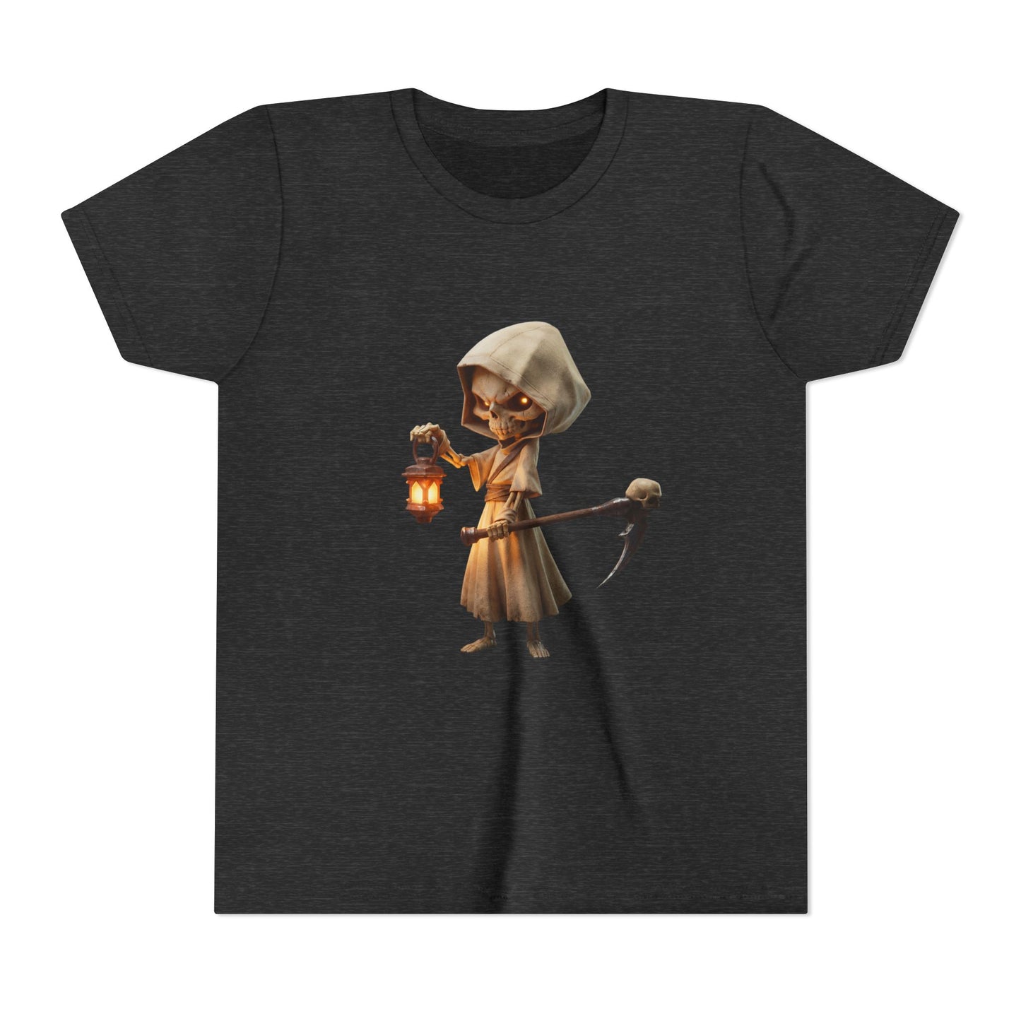 Lantern-Bearing Skeleton Youth Short Sleeve Tee – Hooded Reaper with Scythe