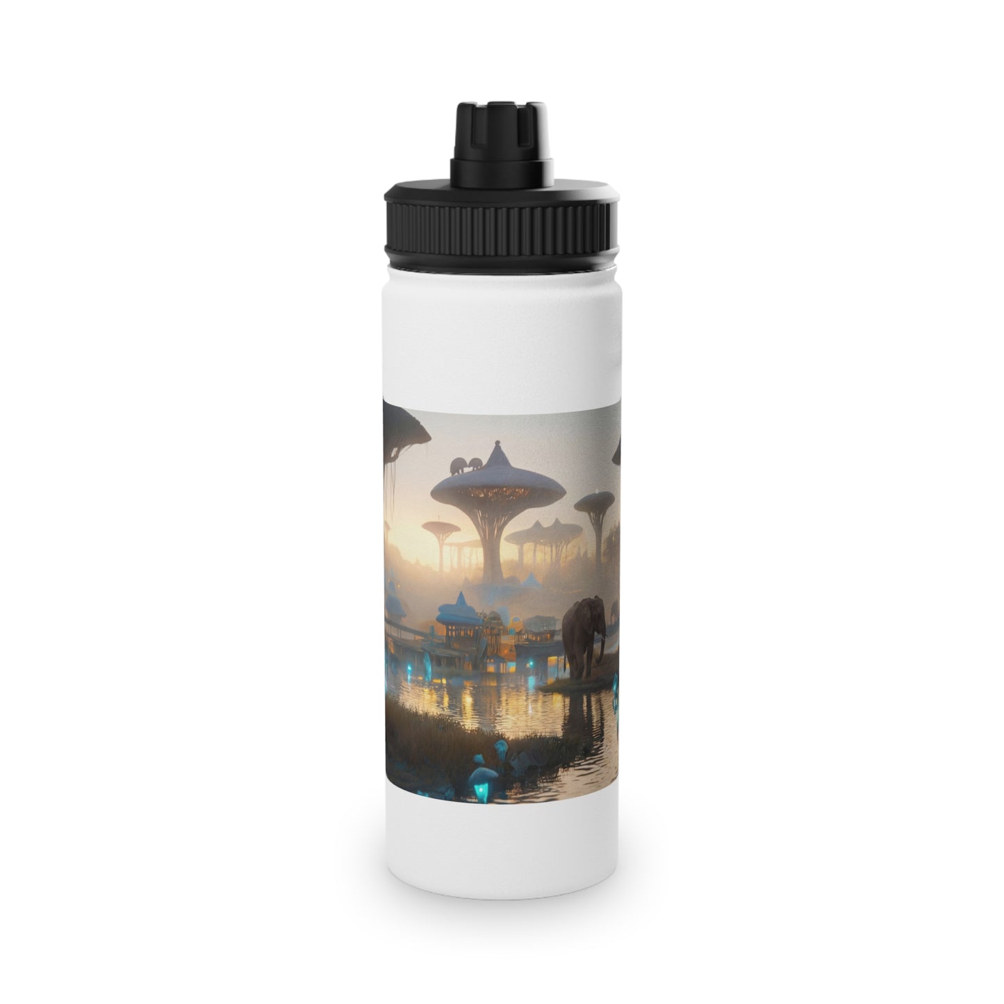 Elephants of the Bio-Luminescent Savanna Stainless Steel Water Bottle, Sports Lid – Twilight Oasis