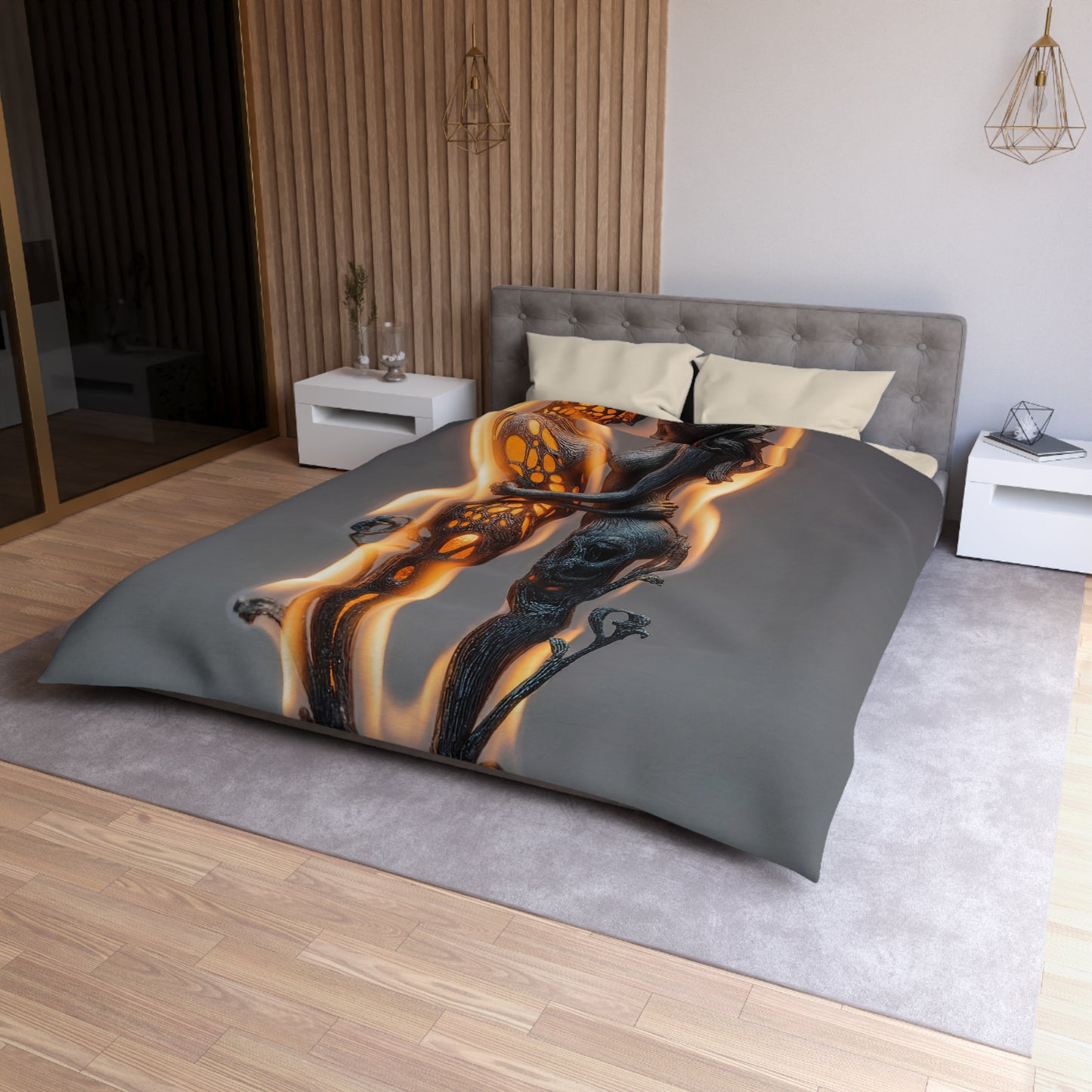 Flame-Embraced Lovers Microfiber Duvet Cover – Intertwined in Gilded Fire