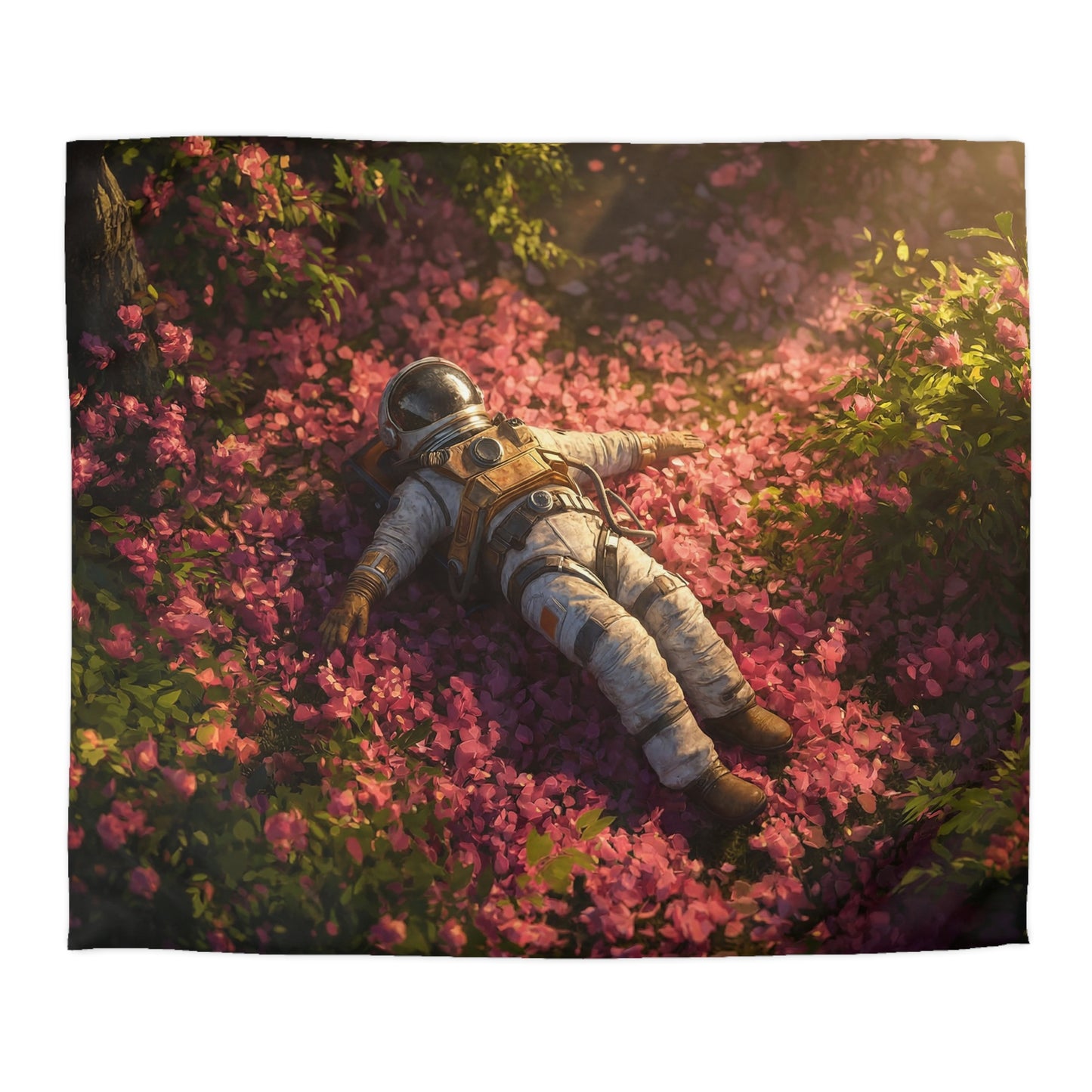 Astronaut Amidst Petal Bloom Microfiber Duvet Cover – Sunset Sanctuary in Bloom