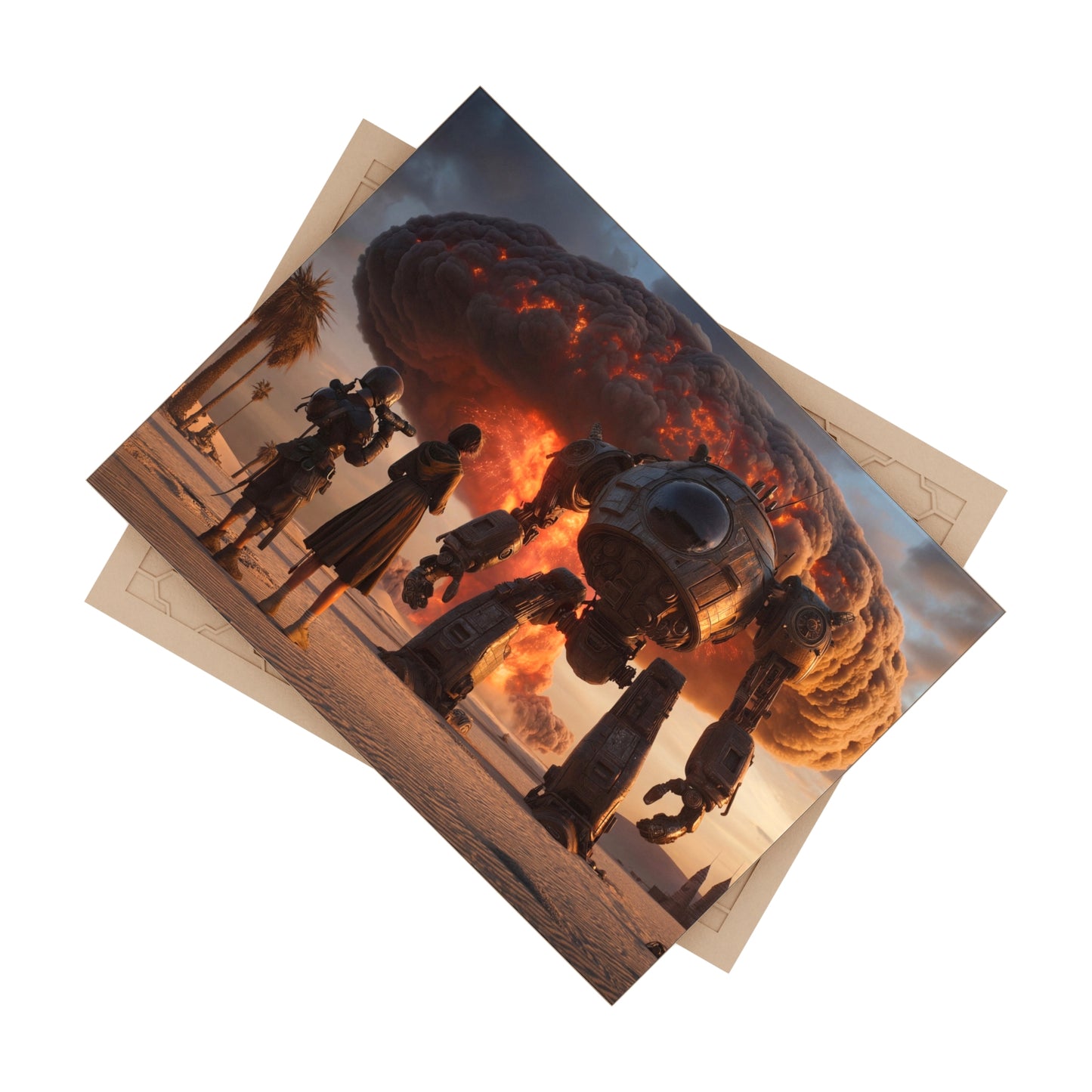 Giant Warbot Desert Dawn Ceramic Photo Tile – Witnessing the Sky’s Fiery Heart