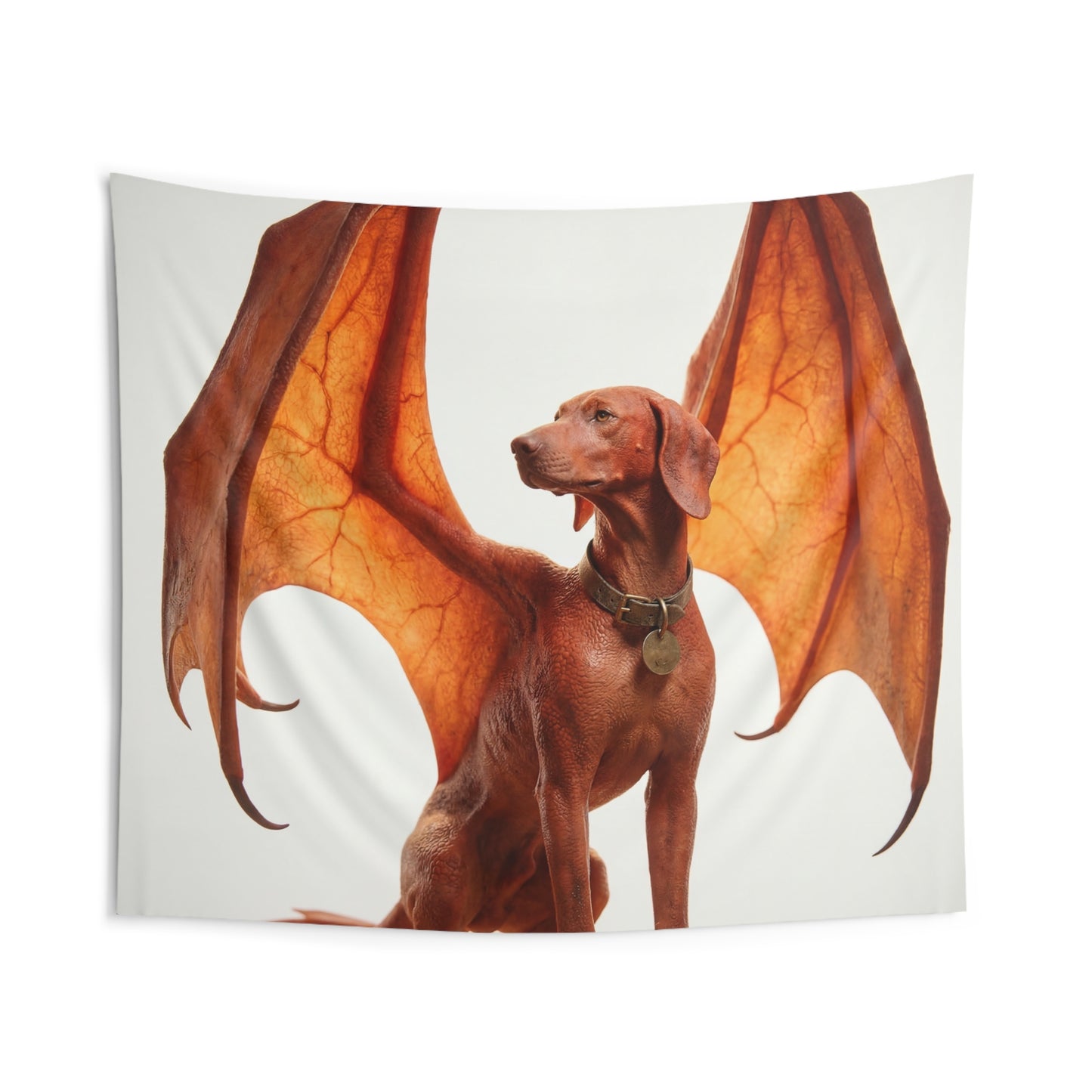 Winged Canine Sentinel Indoor Wall Tapestries – Amber Glow Against Soft Sky