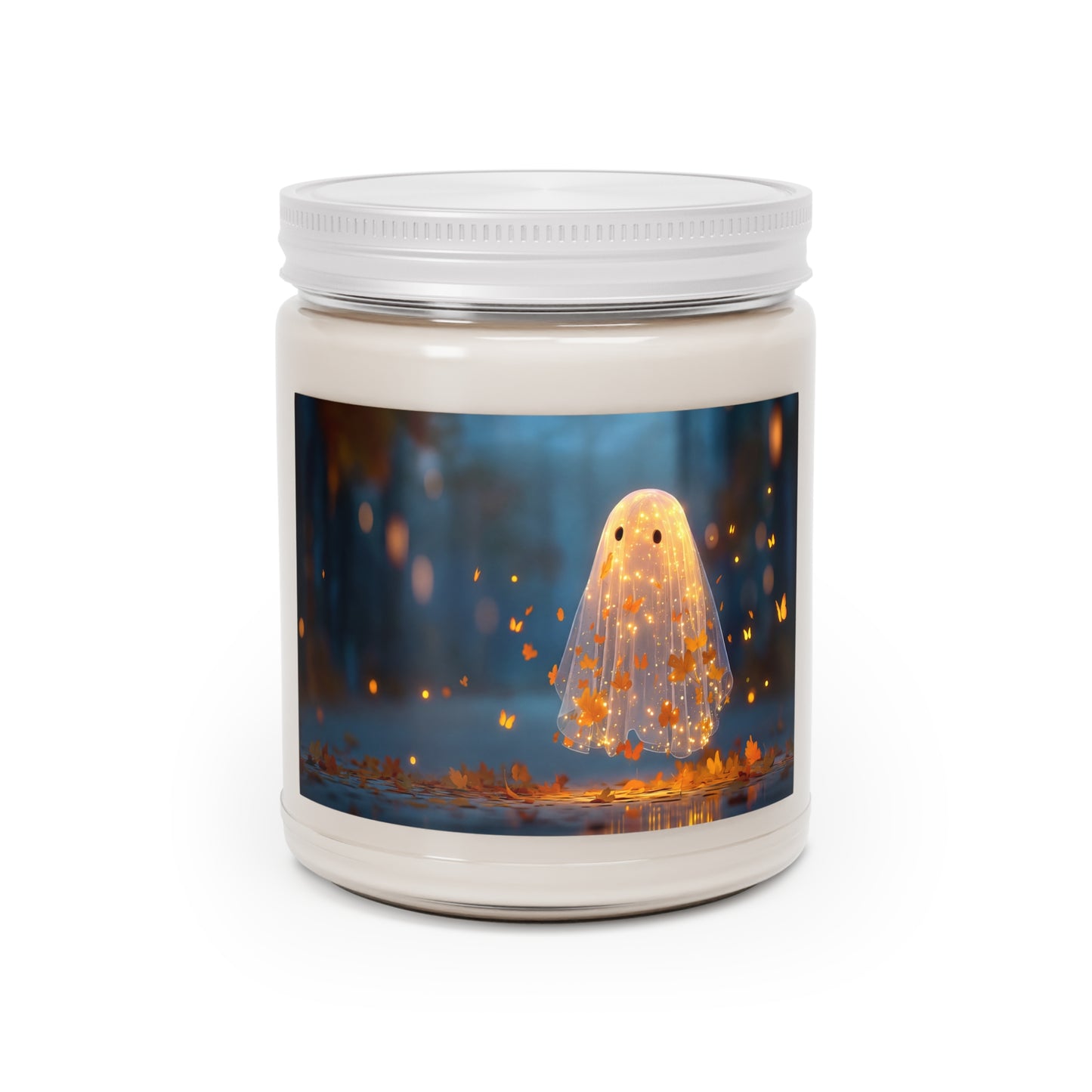Glowing Autumn Ghost Scented Soy Candles with White Lid, 9oz – Warm Light, Whispering Leaves
