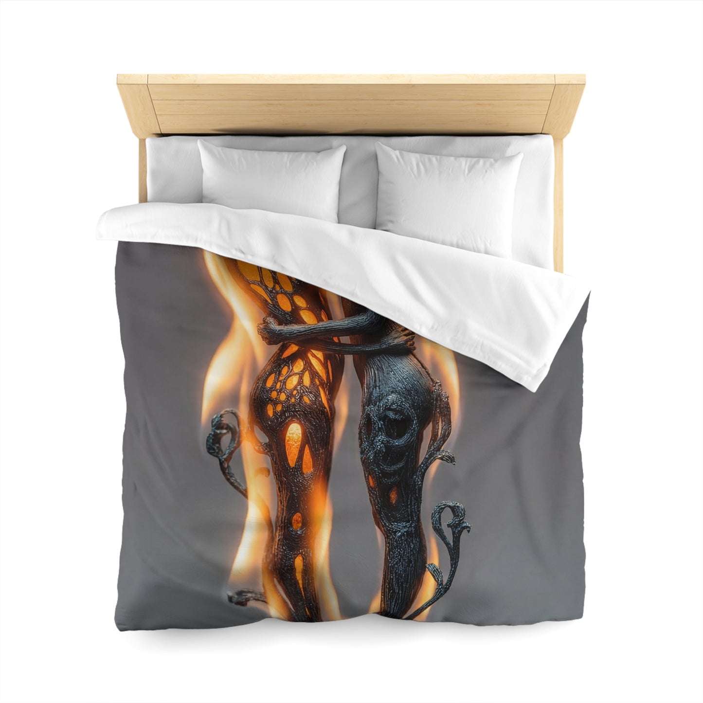 Flame-Embraced Lovers Microfiber Duvet Cover – Intertwined in Gilded Fire