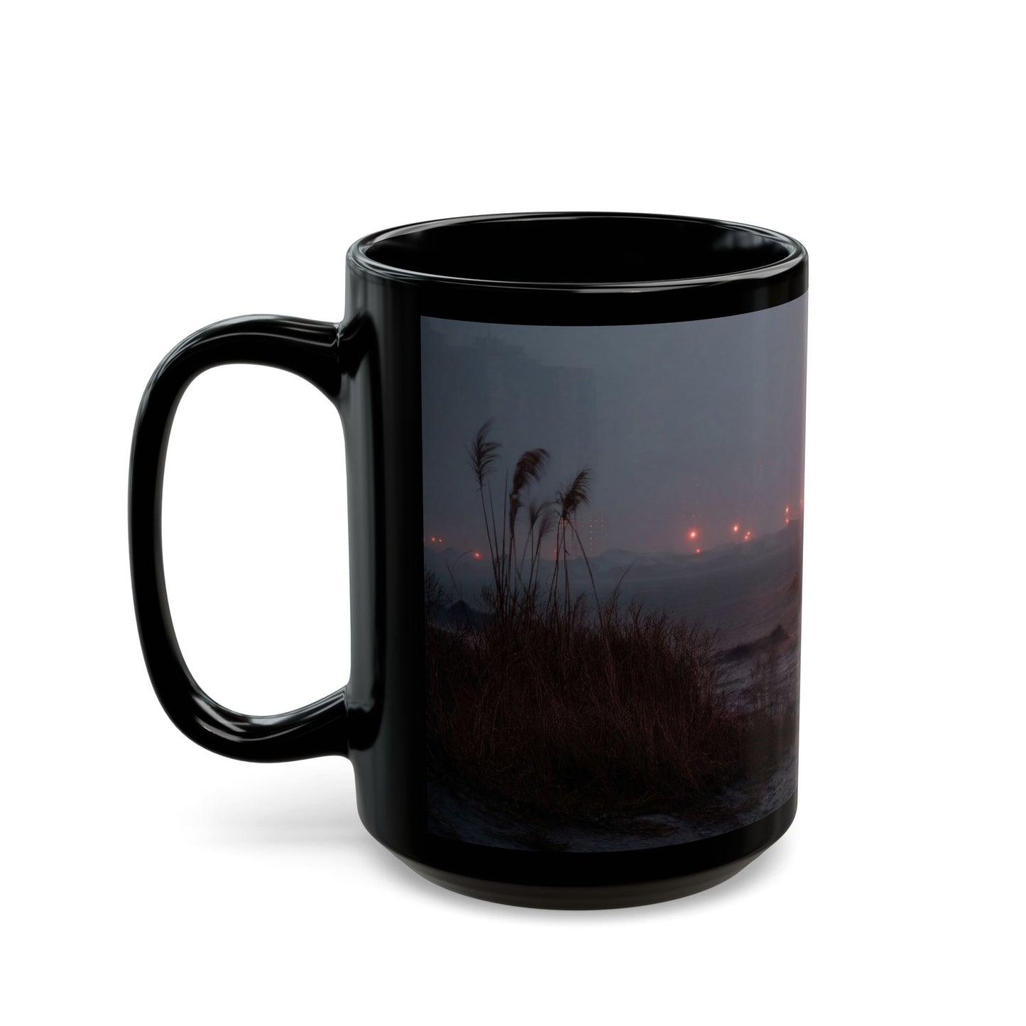Crimson Carnival Tent Black Mug – Foggy Shoreside Spectacle