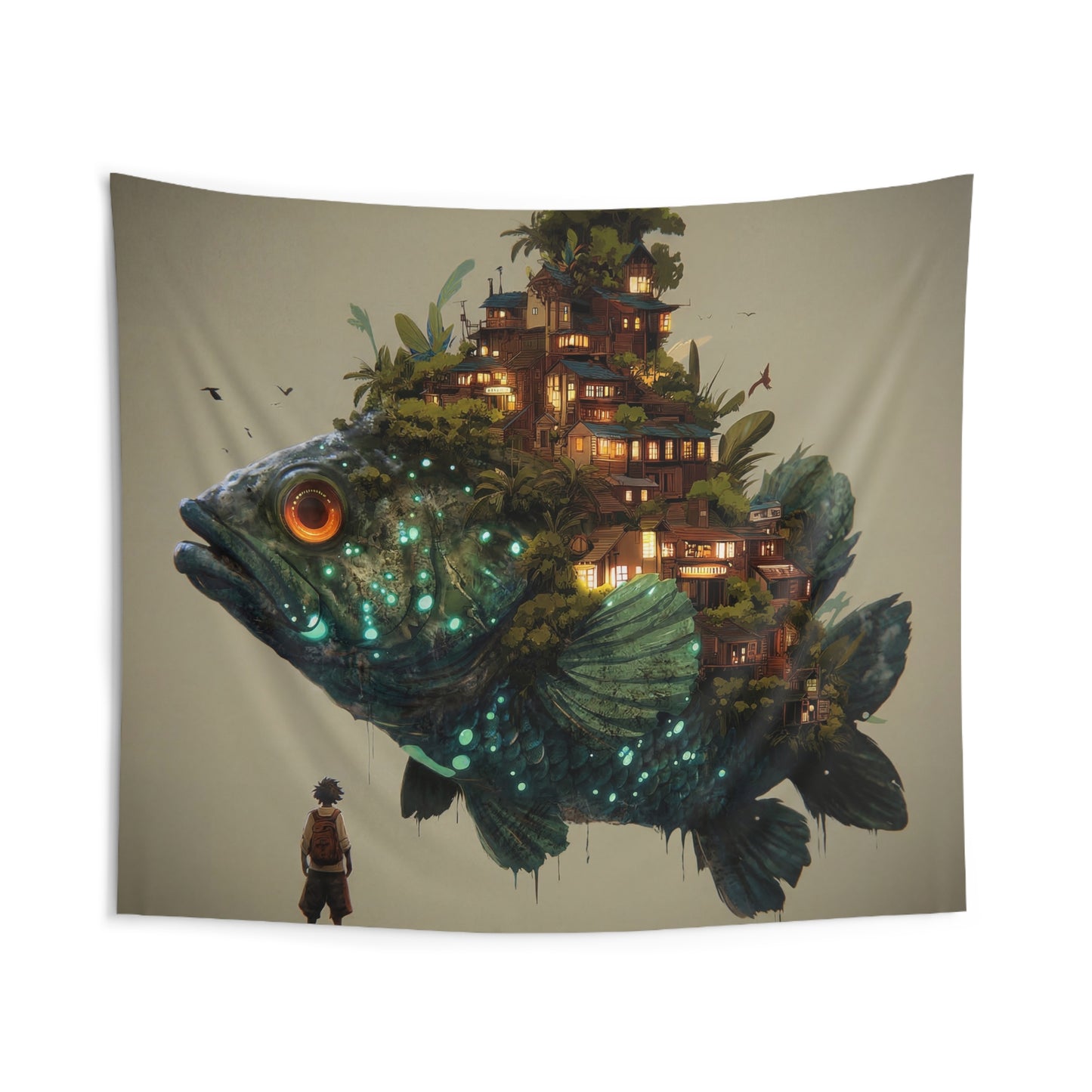 Giant Bioluminescent Fish with Floating Village Indoor Wall Tapestries – A Whispering Ocean Home