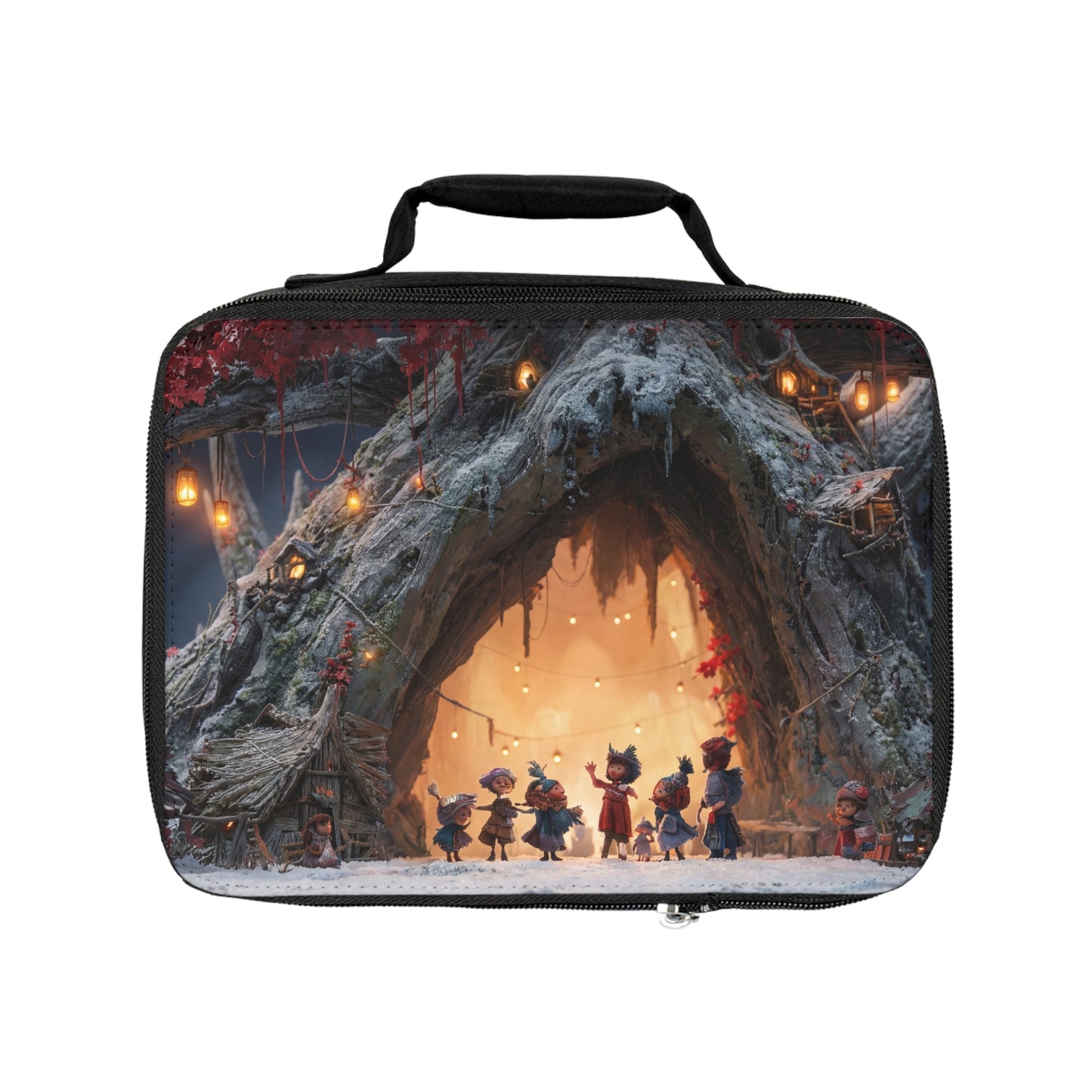 Winter Treehouse Village Lunch Bag – Snow-Dusted Celebration Under Crimson Canopy