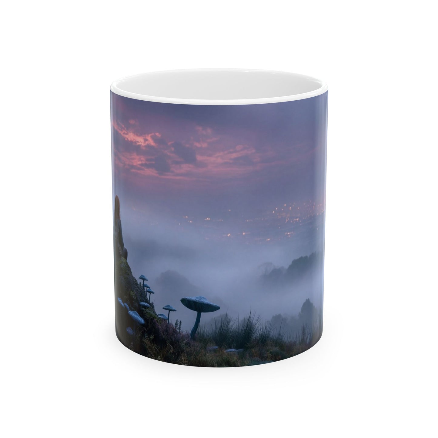 Moonlit Sentinel Ceramic Mug – City Glow Through Fungal Twilight