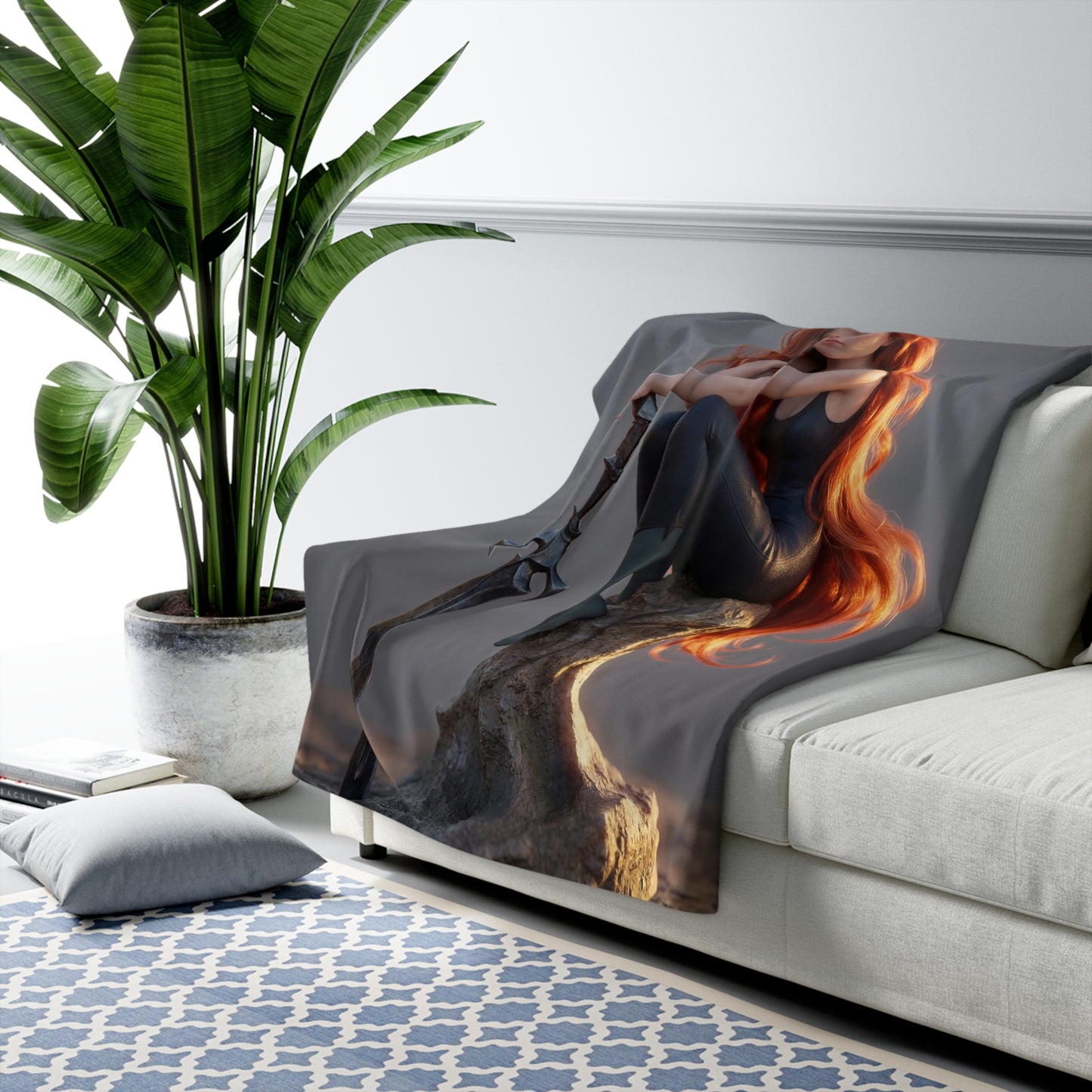 Red-Haired Sentinel Sherpa Fleece Blanket – Twilight Warrior Resting on Rock