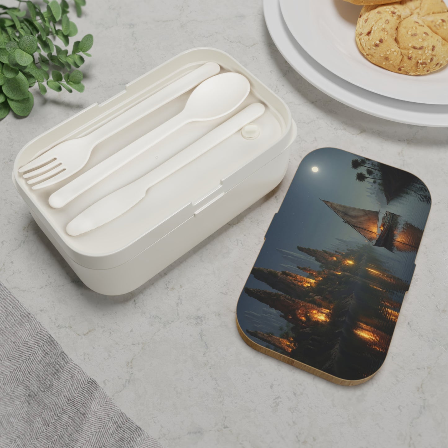 Moonlit Sailboat Bento Lunch Box – Serene River Journey Under Stars