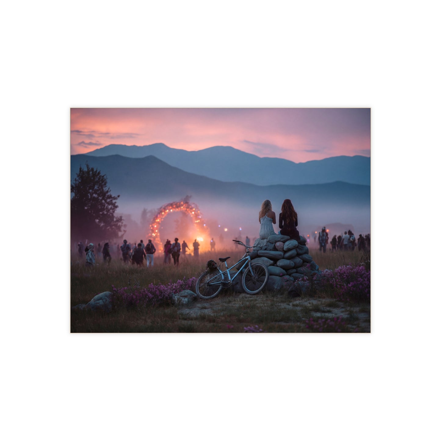 Twilight Festival Friends Ceramic Photo Tile – Shared Silence Amidst Glowing Arch