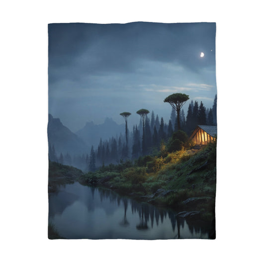 Moonlit Cabin Duvet Cover – Whispering Peaks & Silent Waters
