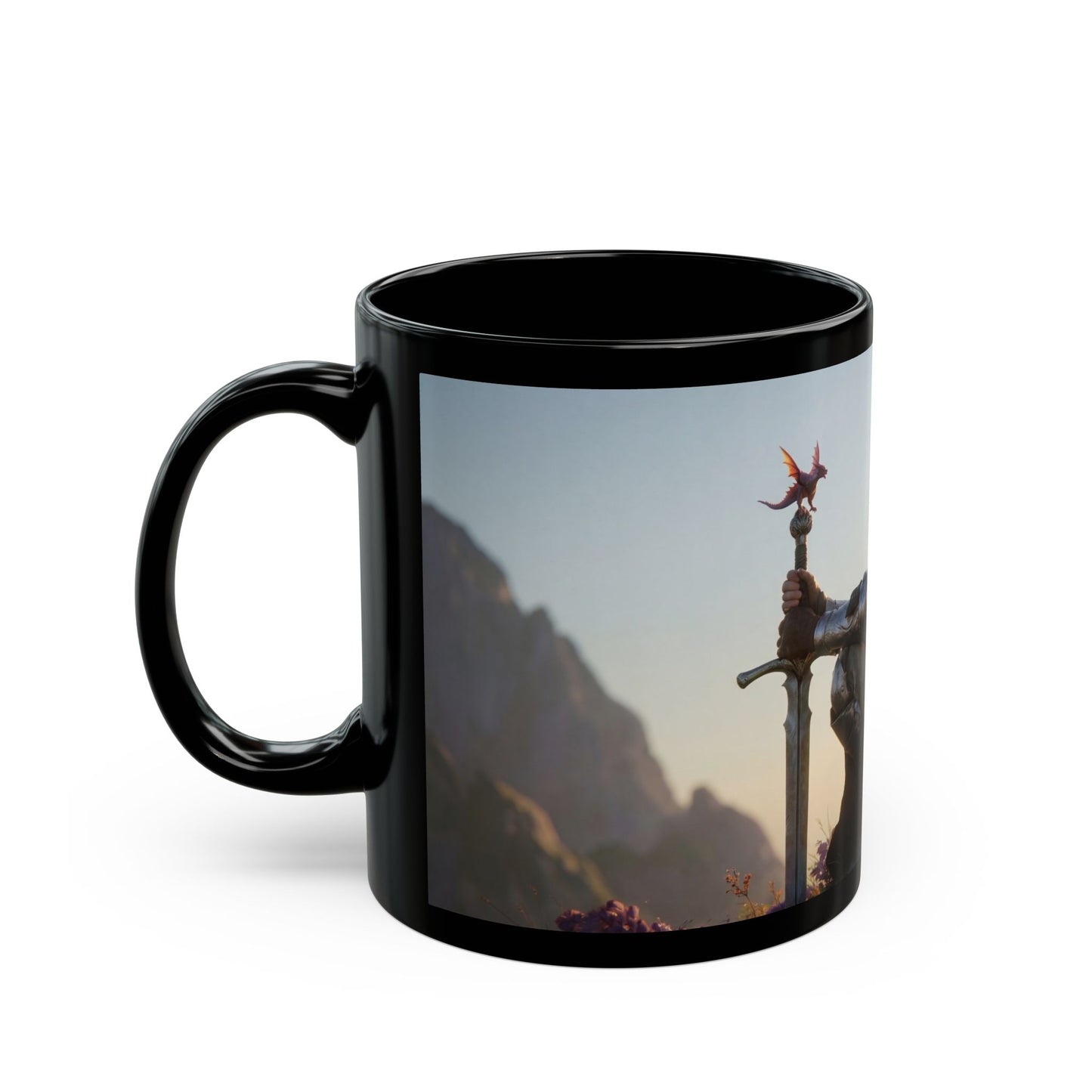 Dragon Knight and Tiny Dragon Black Mug – Sunset Sentinel Dreamscape