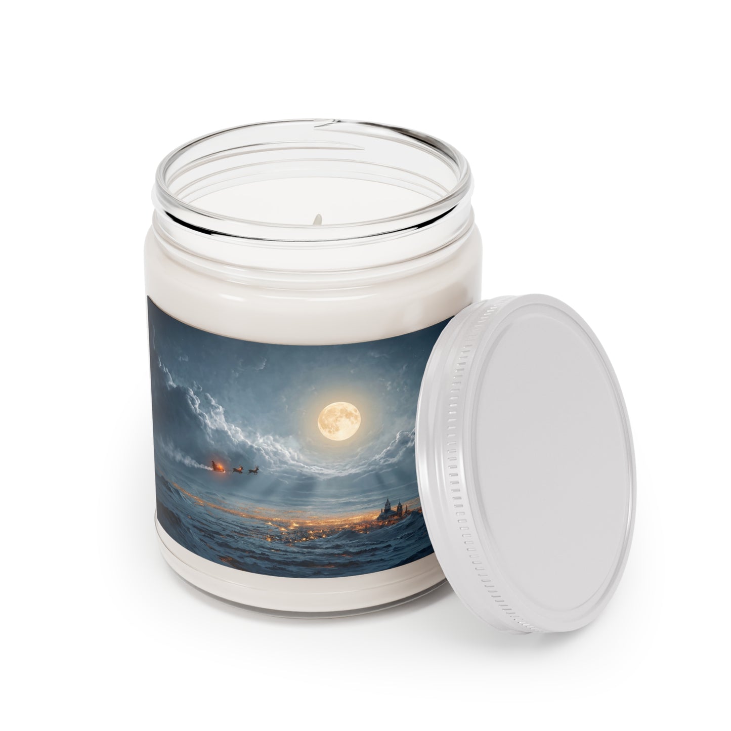 Midnight Santa Flight Scented Soy Candles with White Lid, 9oz – Glowing Over Winter’s Hush