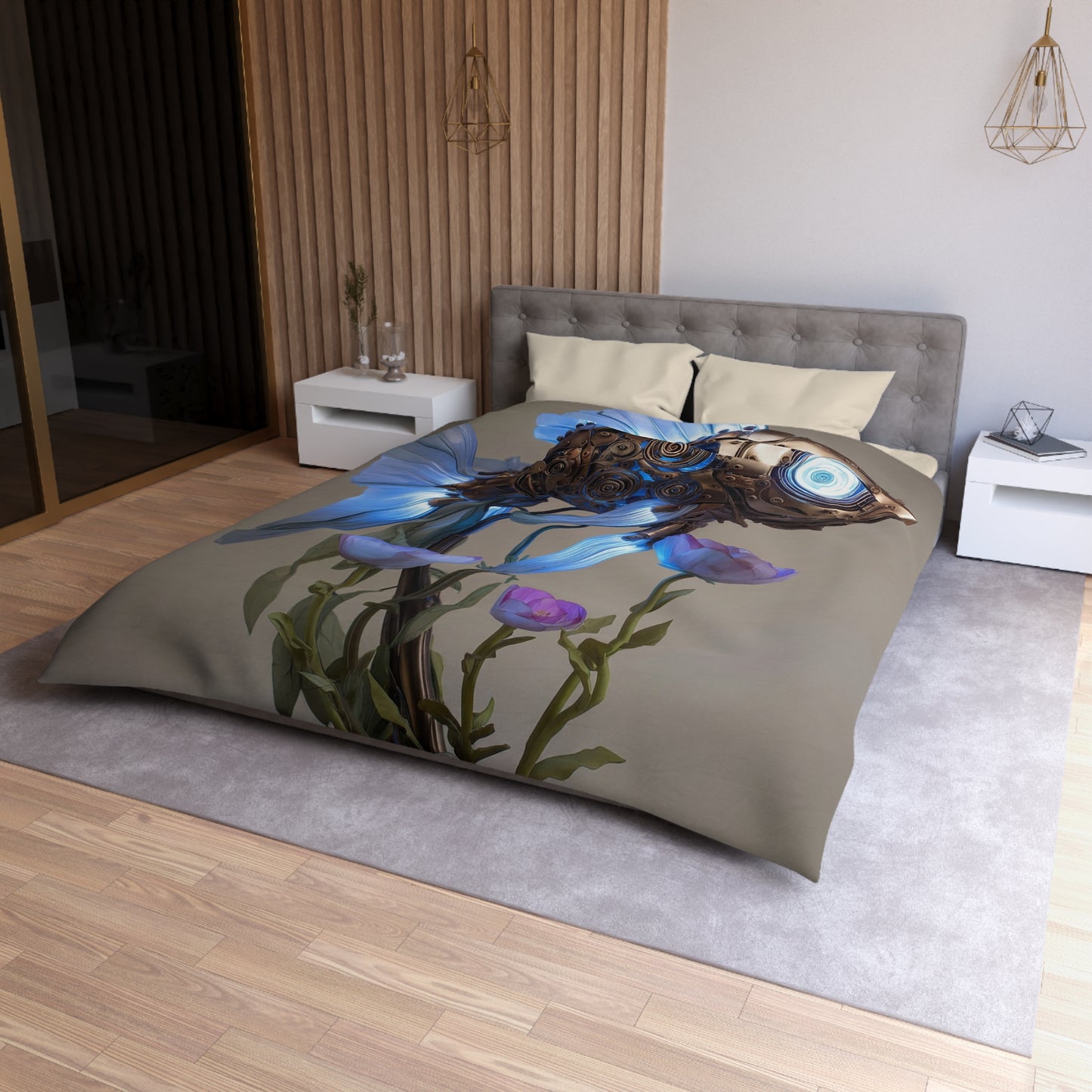 Steampunk Fish Microfiber Duvet Cover – Luminescent Gear & Petal Dreamscape