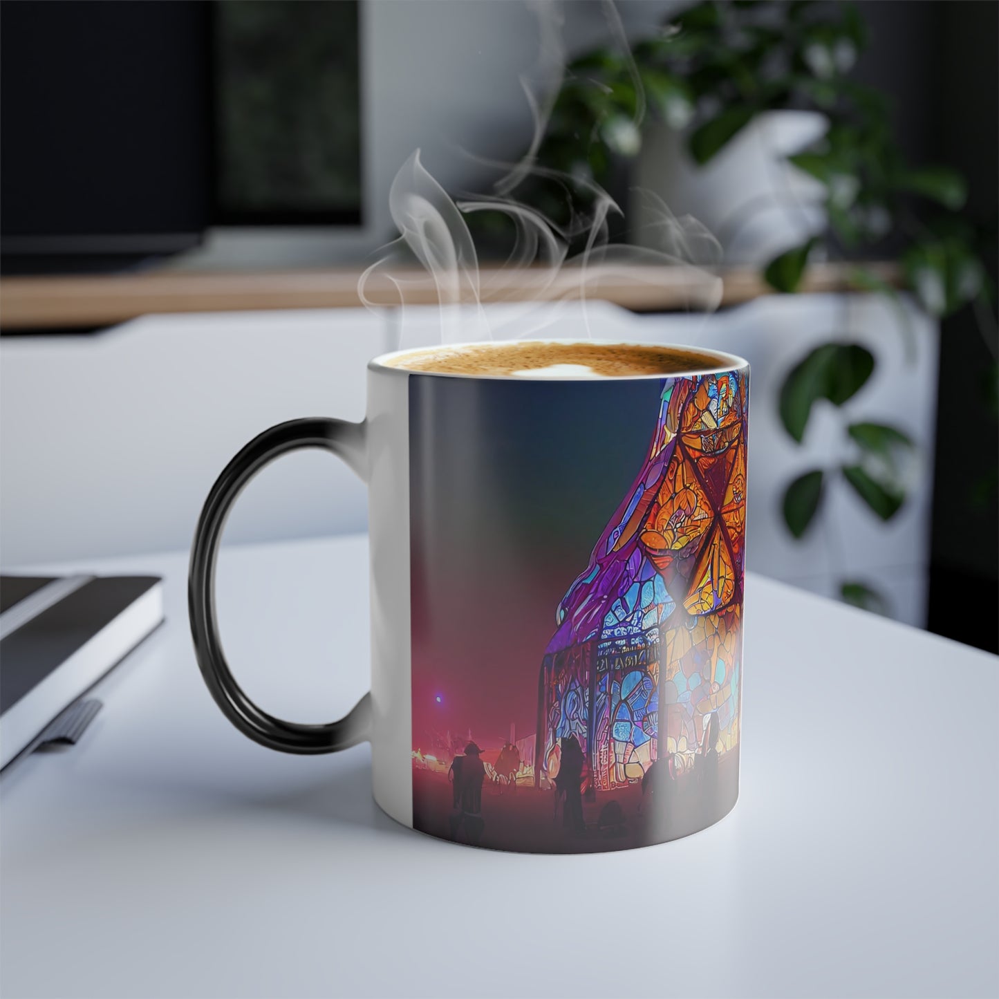 stained glass cathedral at burning man at night - Color Morphing Mug, 11oz