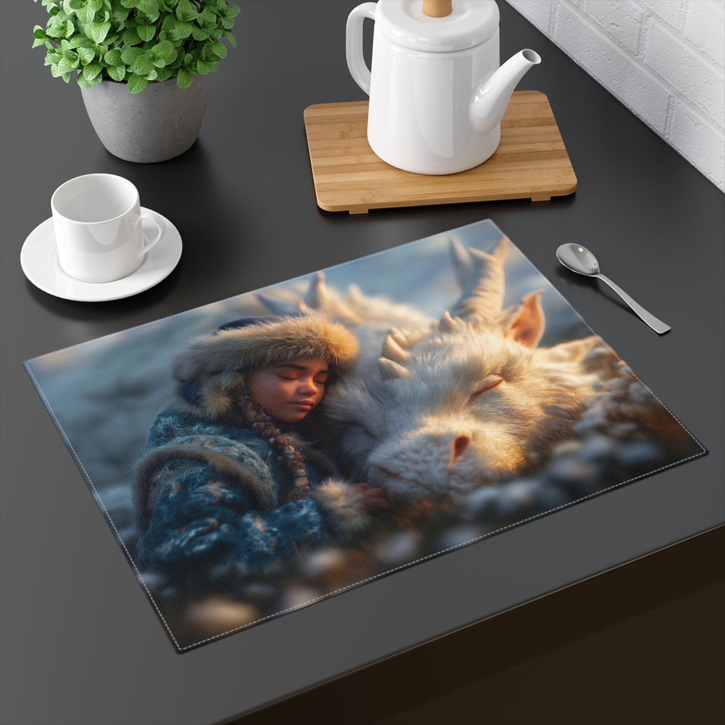 Winter’s Whisper Placemat – Child and Snow Dragon Resting in Frostbloom Meadow