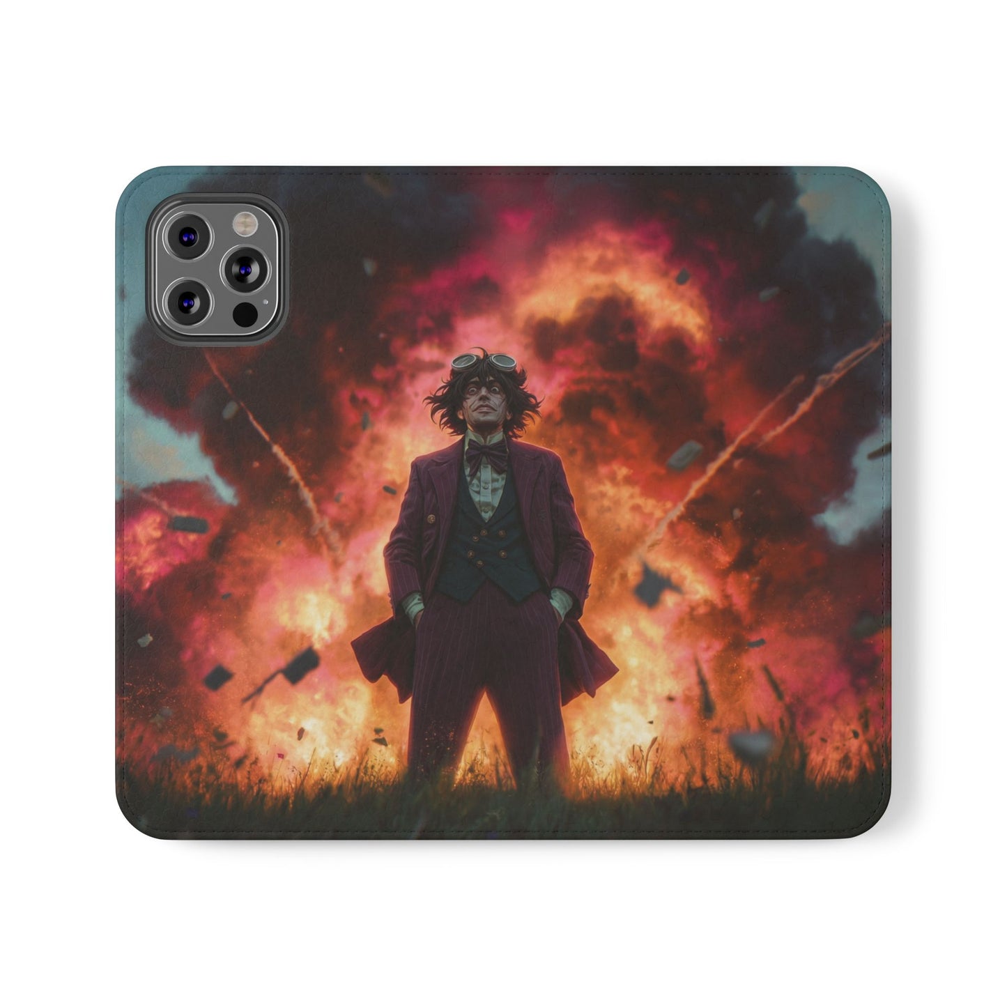 Goggles & Chaos Flip Cases – Purple Suit Amidst Fiery Explosion