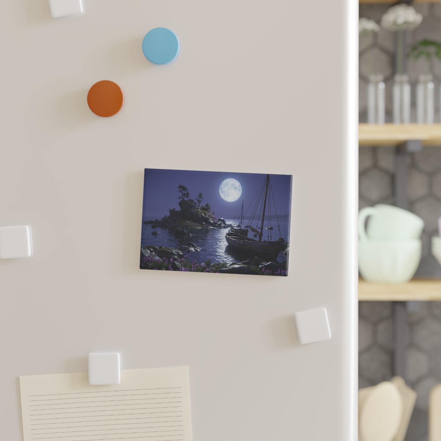 Moonlit Harbor Boats Button Magnet, Rectangle (1 & 10 pcs) – Whispering Waterscape at Dusk