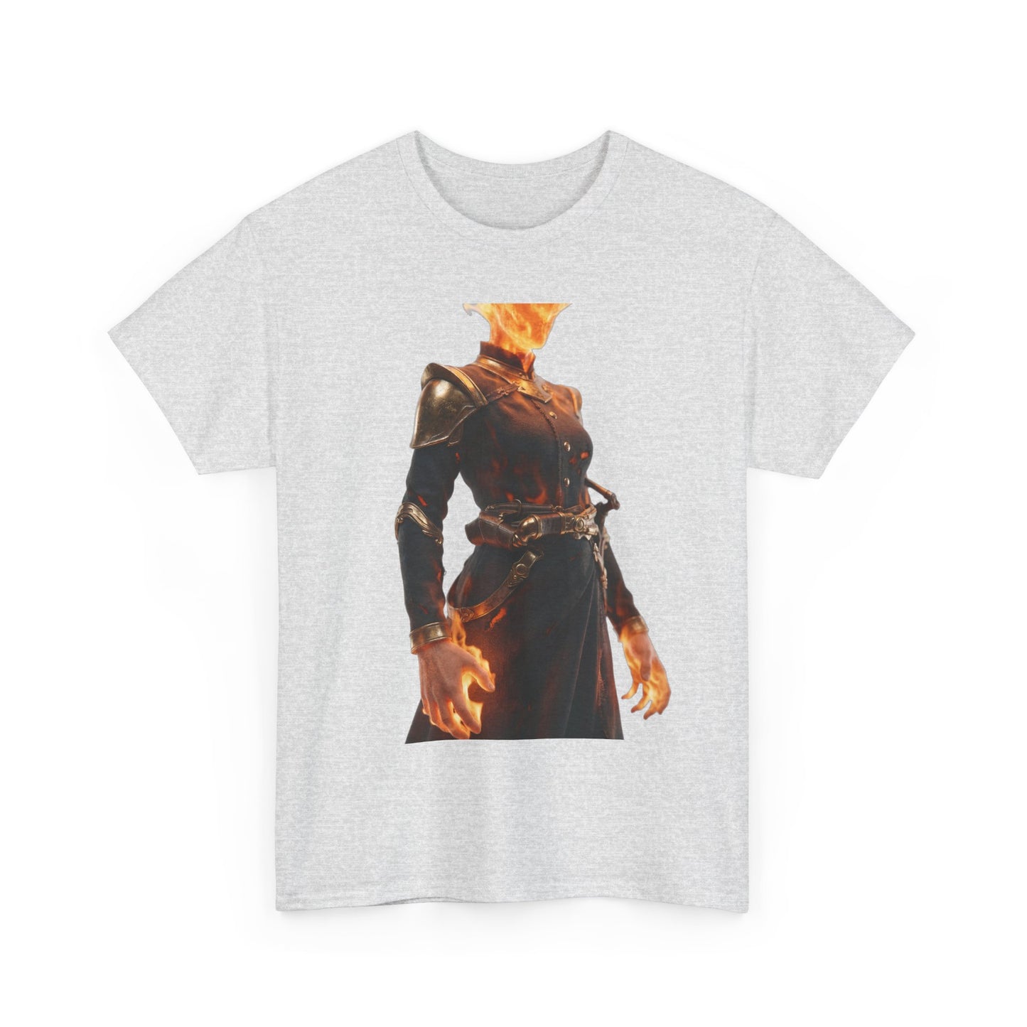 Flame-Headed Sentinel Unisex Heavy Cotton Tee – Gilded Armor & Burning Embers