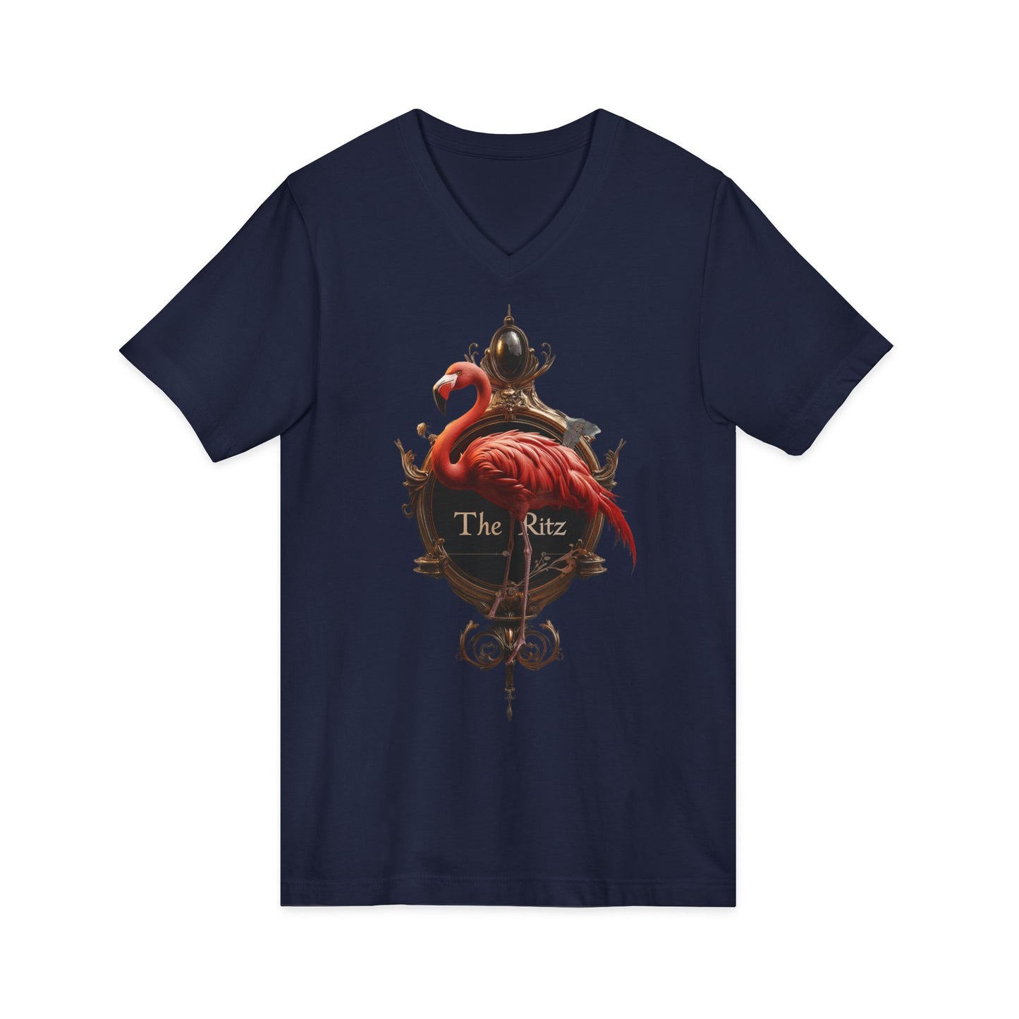 The Ritz Flamingo Sign V-Neck Tee – Gilded Ornament Graphic Print