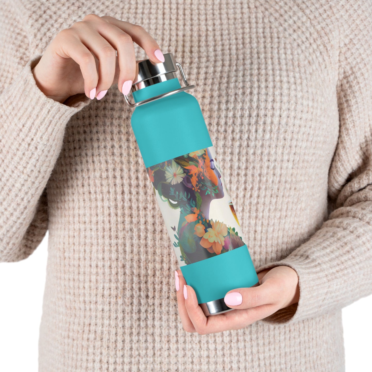 character design, double exposure shot, front profile of a beautiful tea faerie filled with a blooming amazonian jungle, happiness - Copper Vacuum Insulated Bottle, 22oz